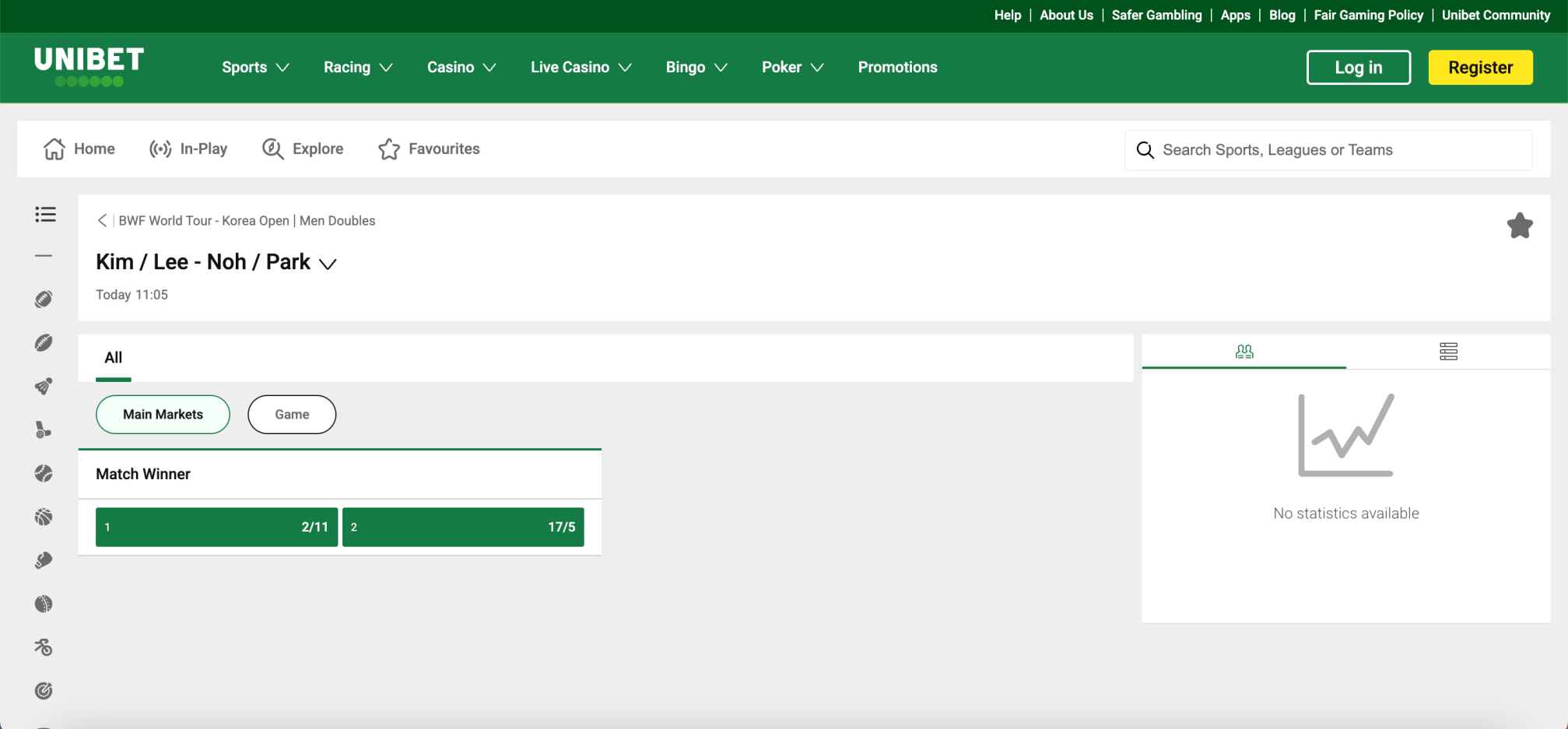 Unibet betting odds for BWF Korea Open men’s doubles match Kim and Lee vs Noh and Park with match winner markets.