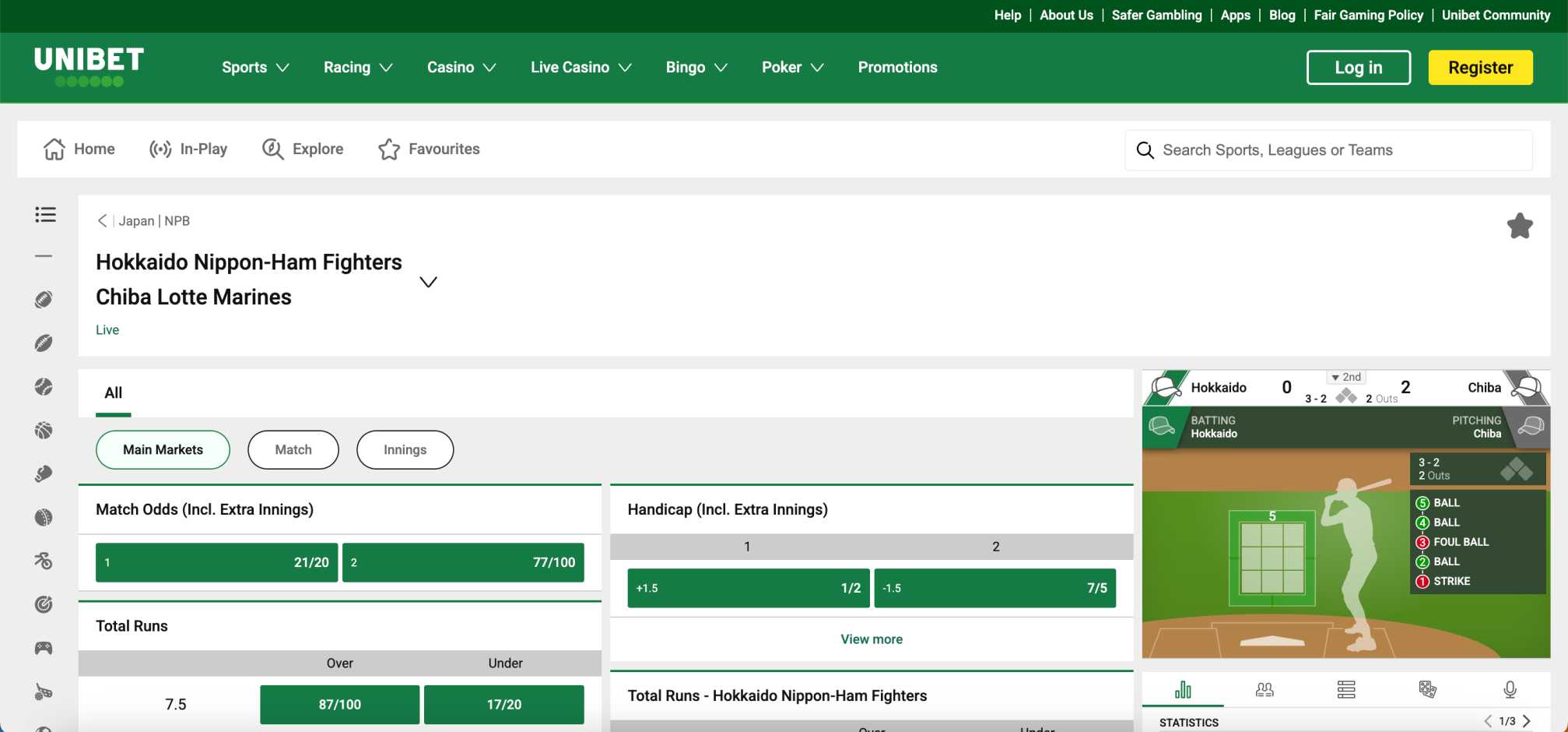 Unibet match page with live baseball odds for Hokkaido Nippon-Ham Fighters vs Chiba Lotte Marines, showing betting markets and stats.