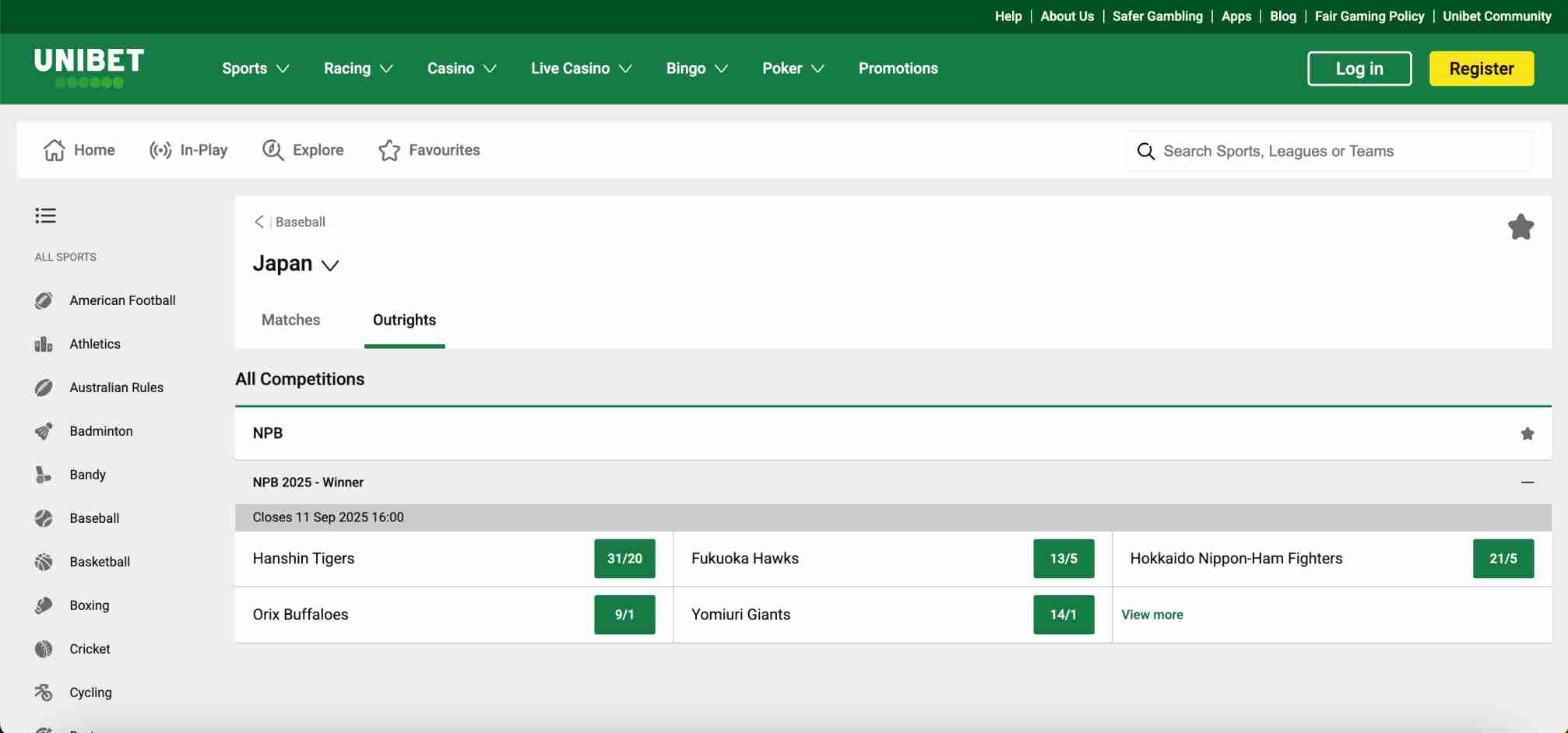 Unibet baseball outrights page displaying Japan NPB 2025 winner odds, an example of markets accessible for Brazilian players using Nubank deposit.