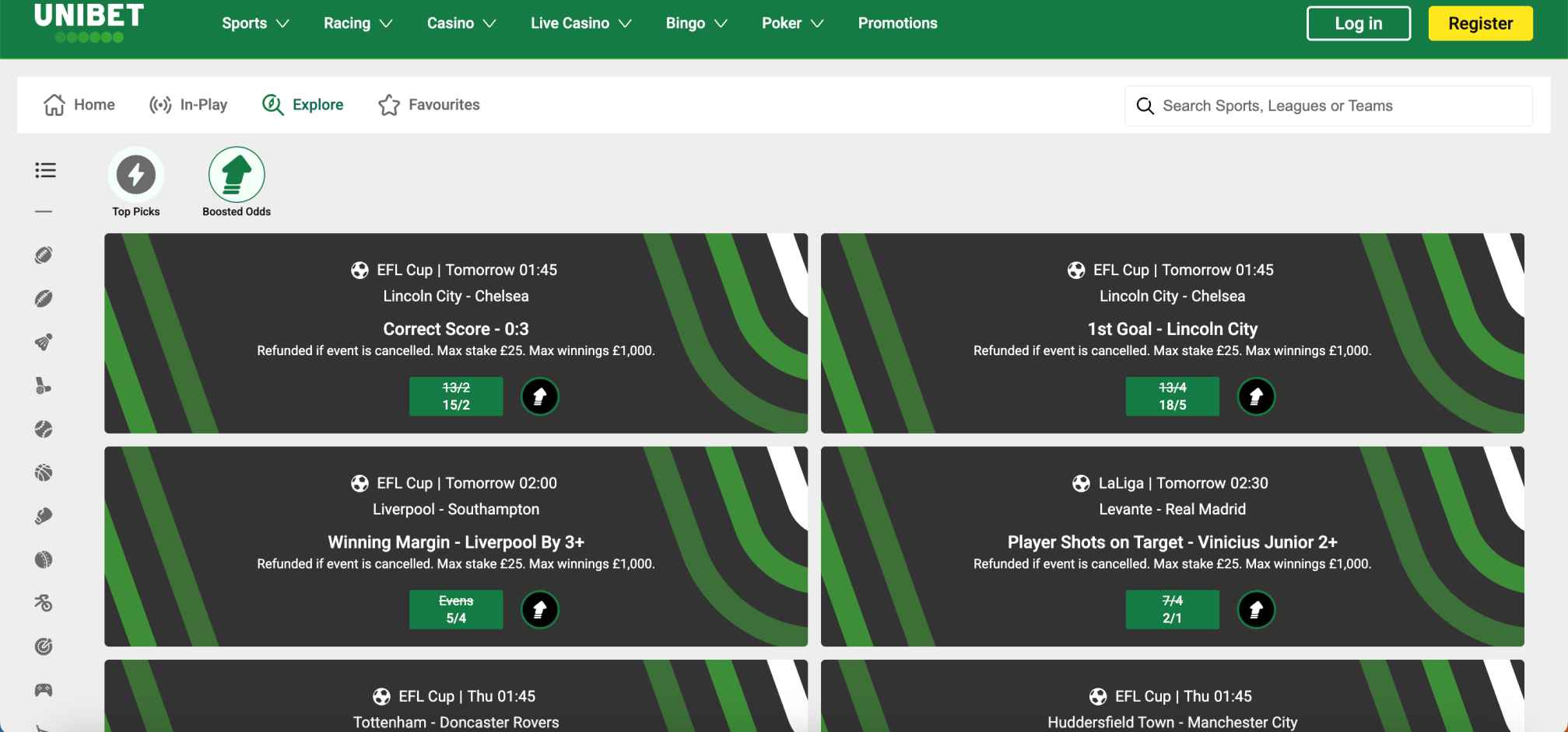 Unibet football betting promotions and boosted odds for EFL Cup and La Liga matches on the sportsbook platform.