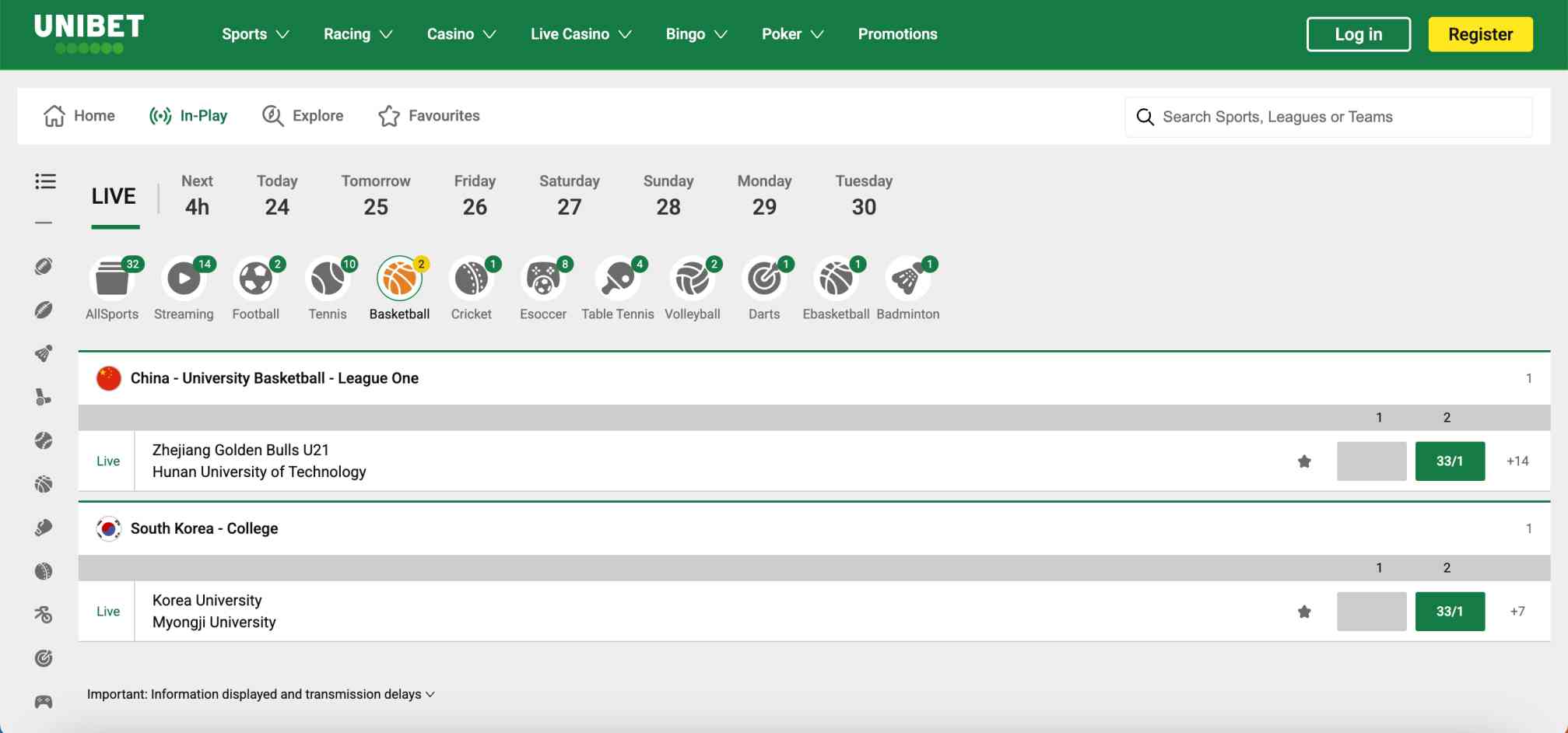Unibet in-play basketball betting section showing live odds for university league games in China and South Korea.