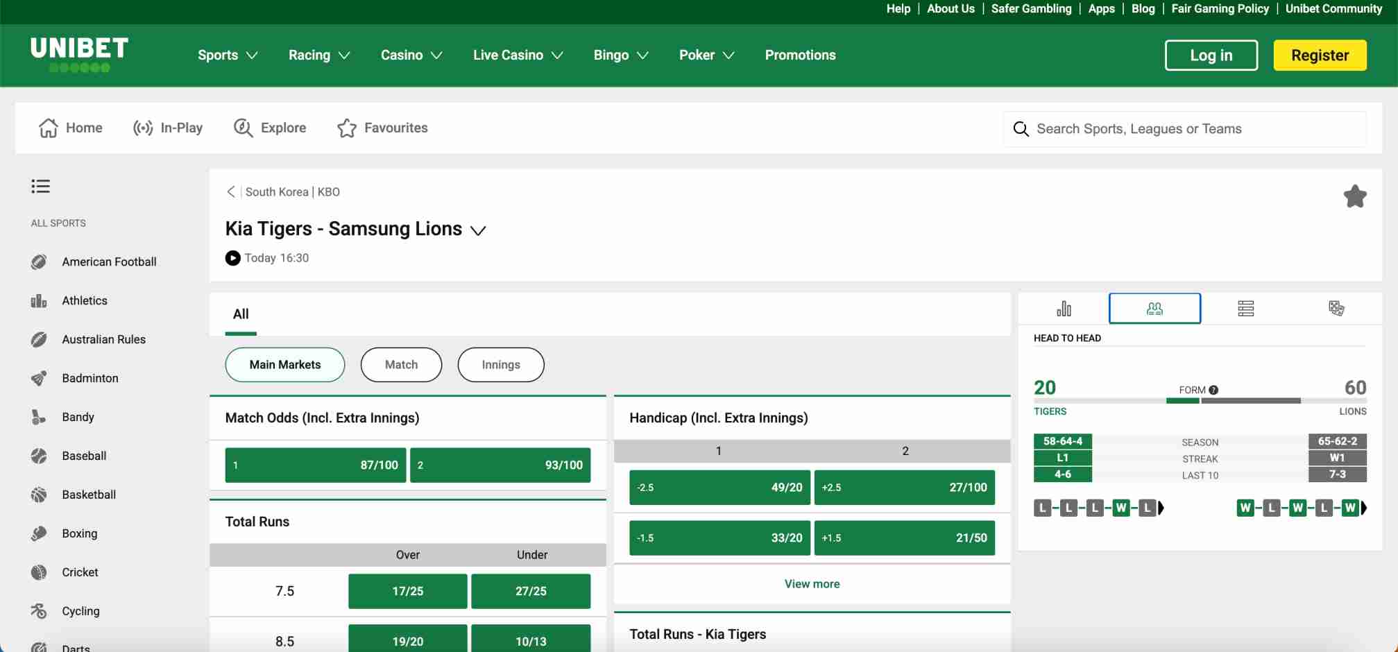 Unibet sportsbook page displaying Kia Tigers vs Samsung Lions baseball odds and statistics