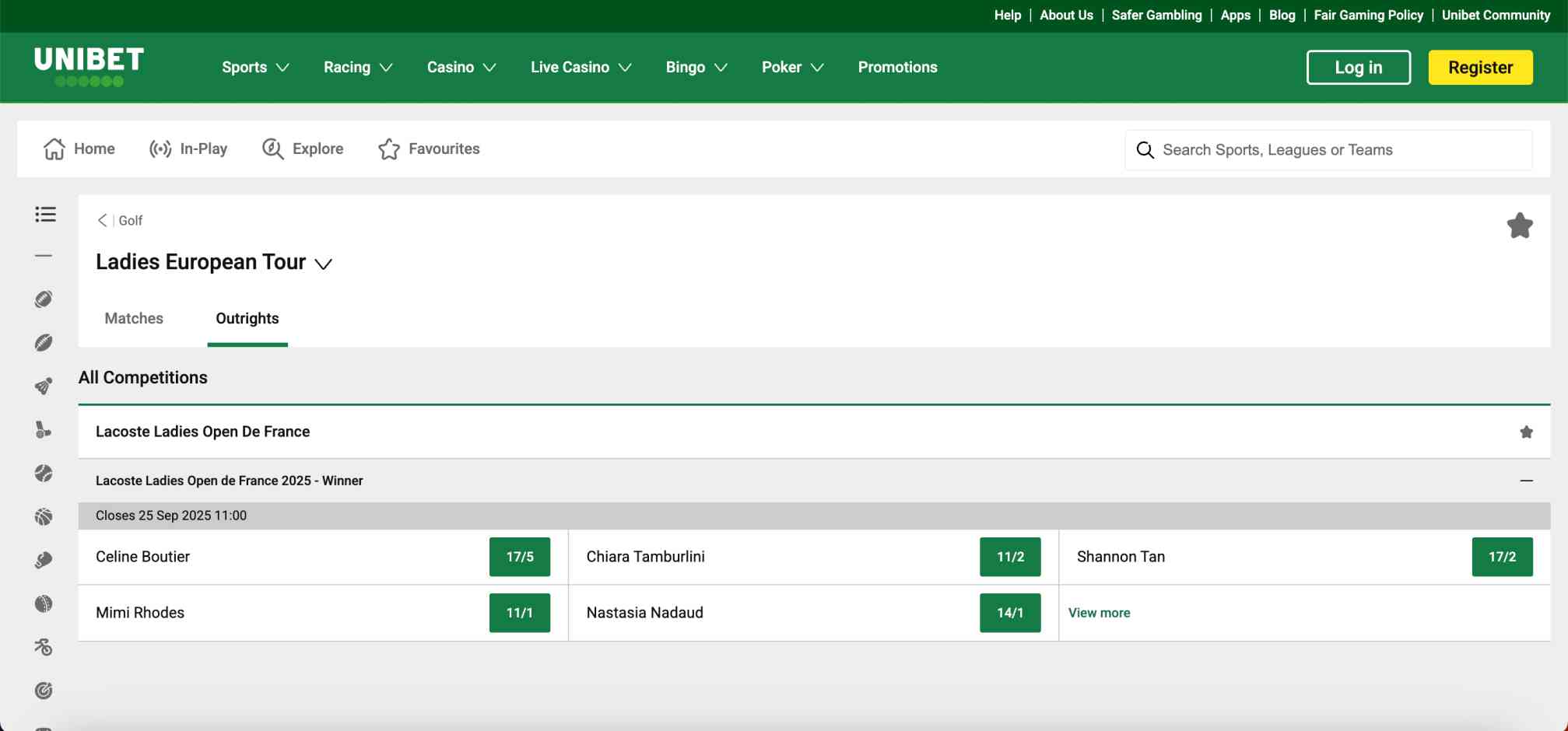 Unibet outright betting odds for the Ladies European Tour including Celine Boutier and Shannon Tan, related to what does dead heat mean on Unibet.
