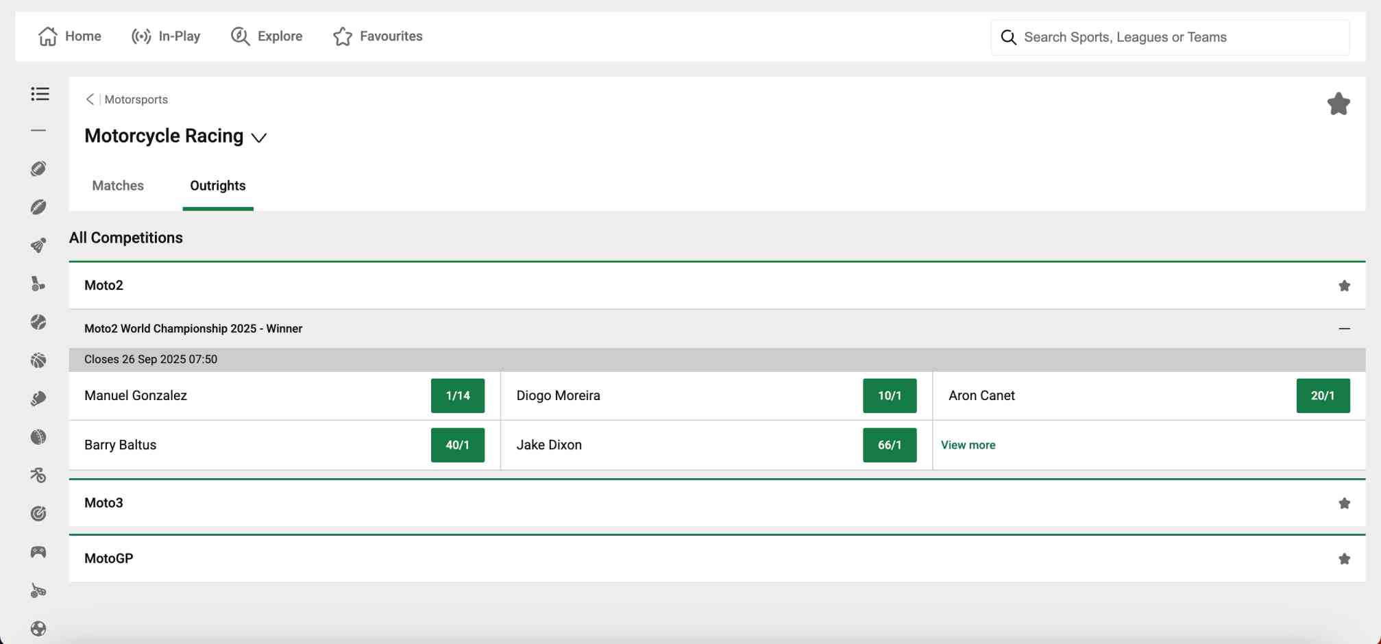 Unibet motorcycle racing outright betting odds for Moto2 World Championship 2025 in Pakistan