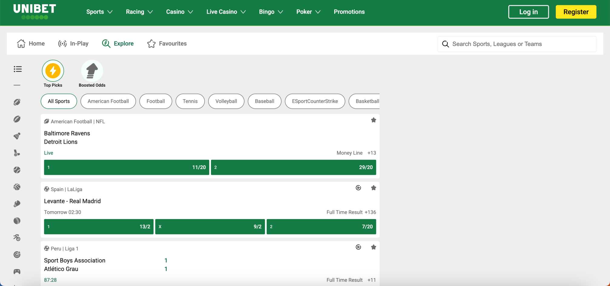 Unibet explore section with live odds for Baltimore Ravens, Real Madrid, and Sport Boys matches