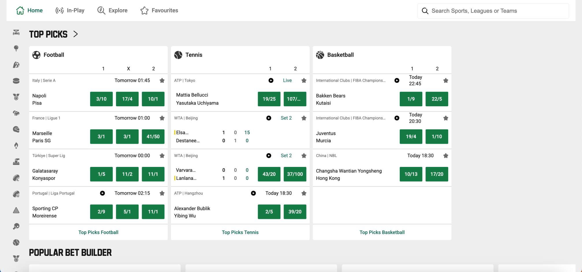 Unibet top picks section with football, tennis, and basketball betting odds displayed on the homepage.