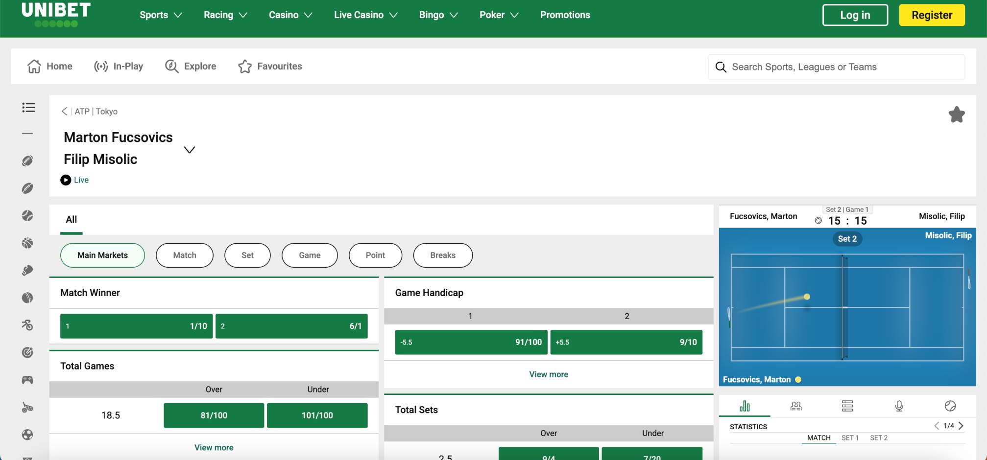 Unibet tennis betting market with live match between Marton Fucsovics and Filip Misolic.