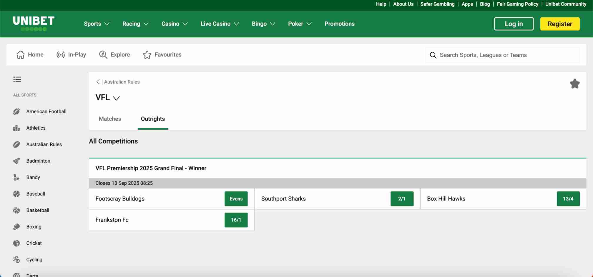 Unibet VFL Premiership 2025 outright odds for Footscray Bulldogs, Southport Sharks, Box Hill Hawks, and Frankston FC with note on what is the maximum withdrawal from Unibet