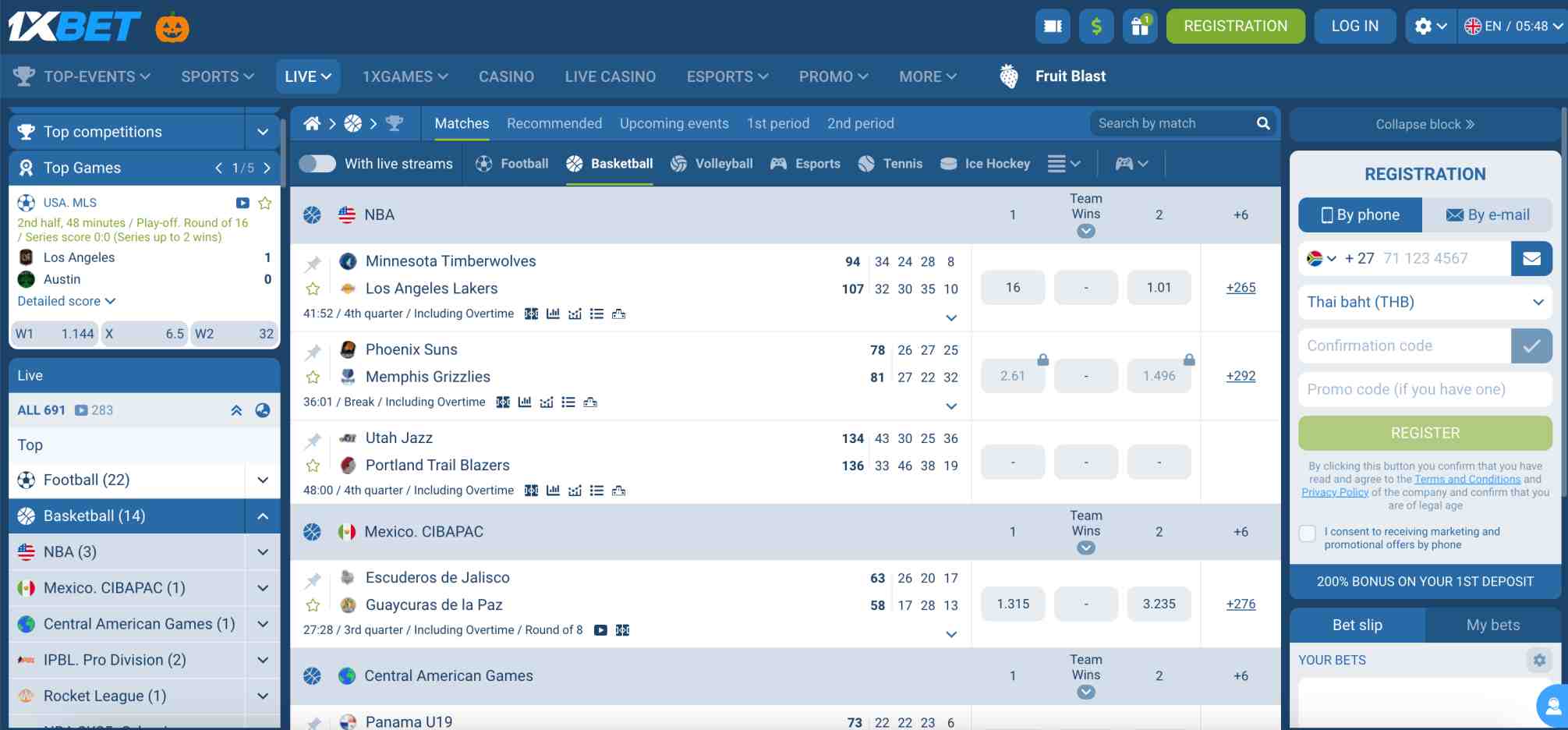 1xBet basketball live matches list with current NBA and CIBAPAC games displayed — related to question can 1xBet cancel a withdrawal.