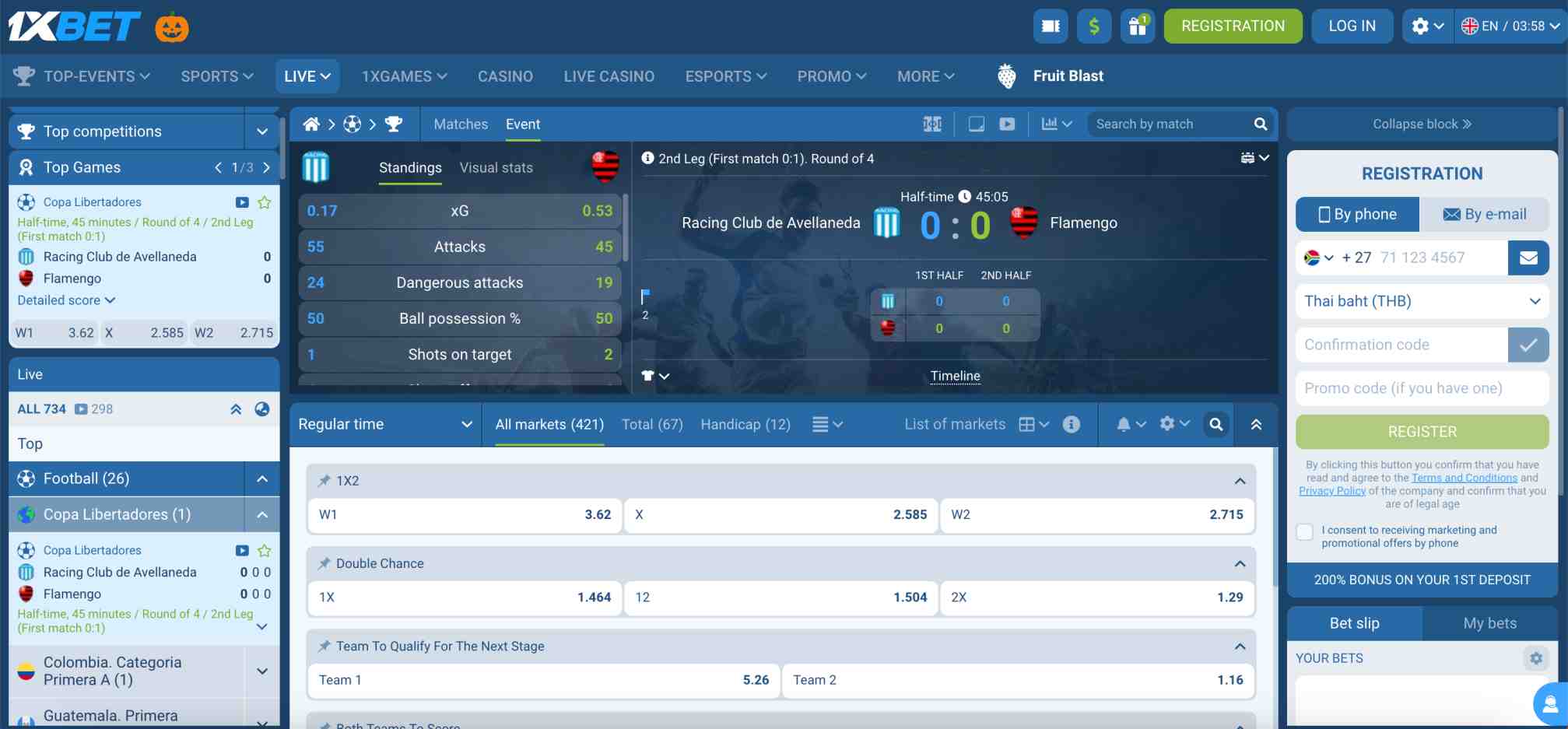 1xBet Copa Libertadores match screen displaying live stats and betting odds during Racing Club vs Flamengo.