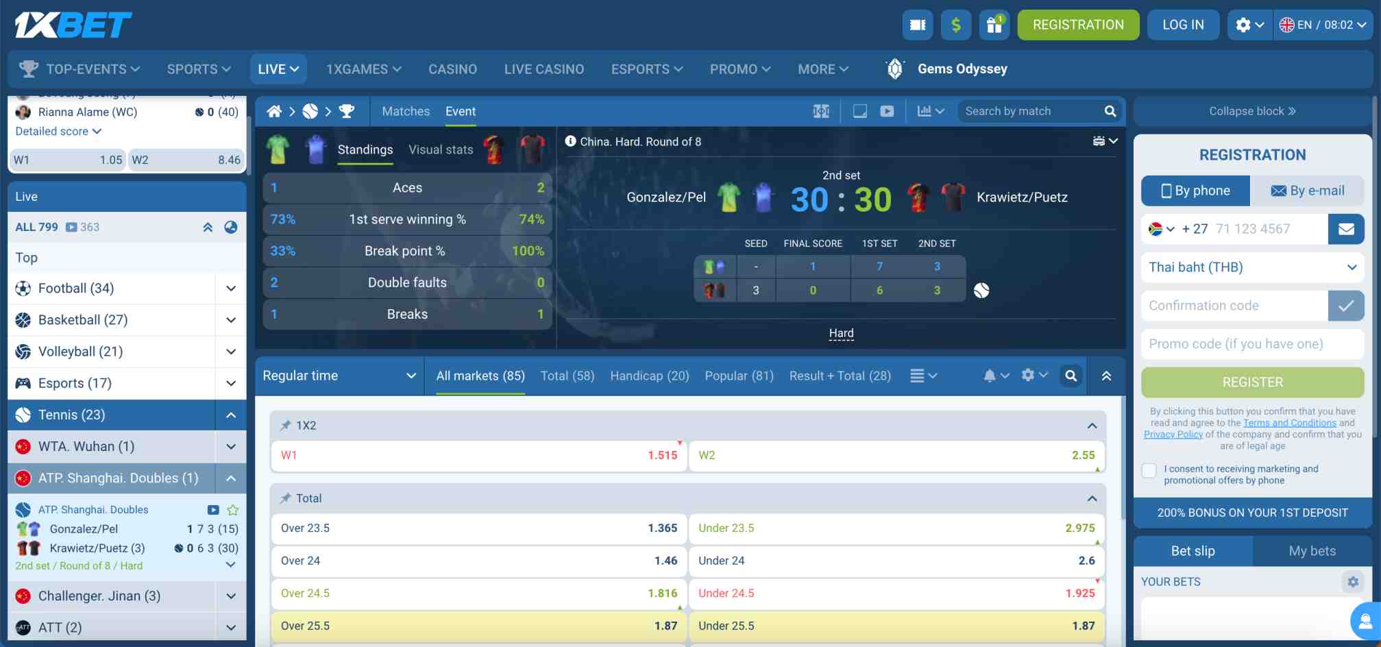 1xBet match statistics and betting markets display for ATP Shanghai Doubles event, highlighting live odds and total points options.