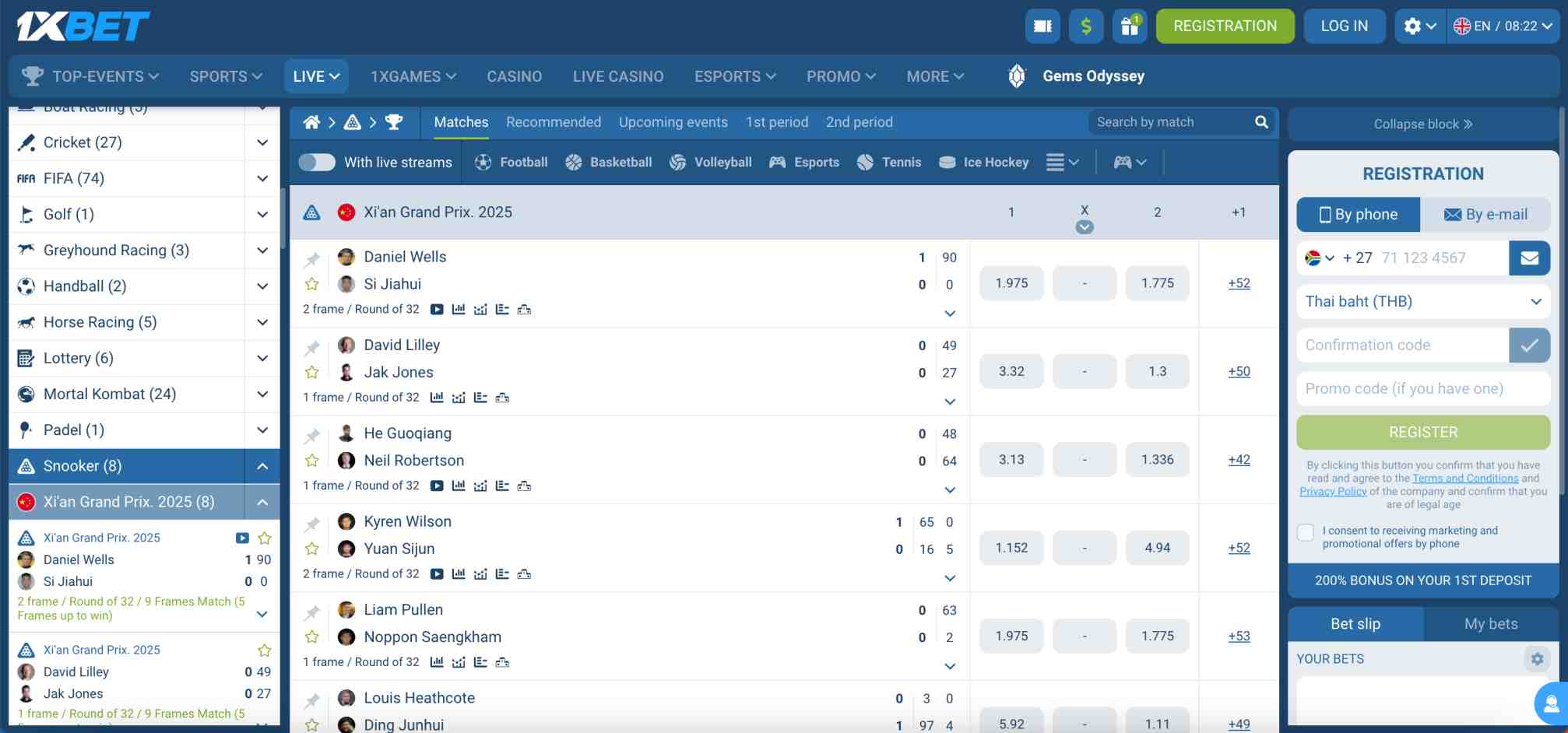 1xBet snooker betting page showing Xi’an Grand Prix 2025 live matches and odds – can you deposit to 1xBet with PayPal