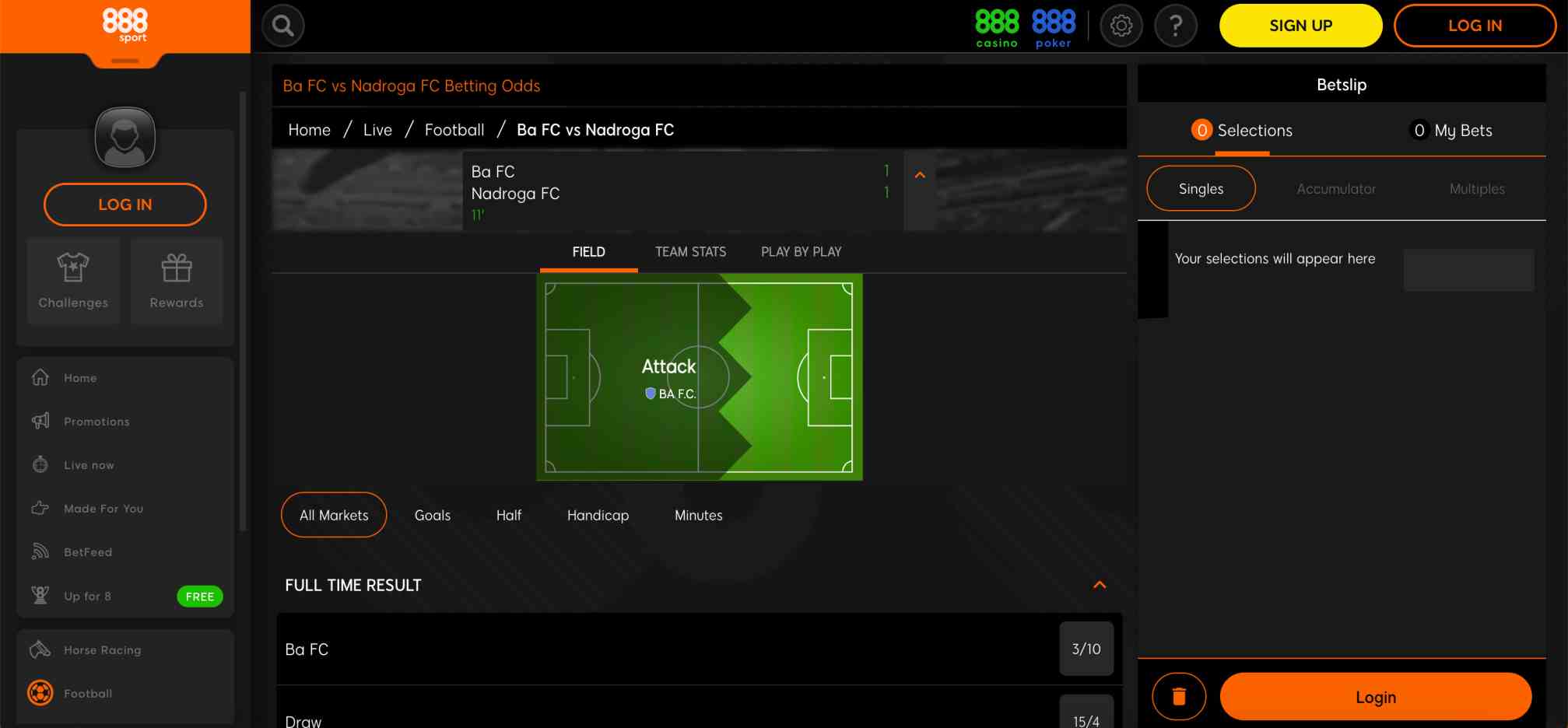 Match view of Ba FC vs Nadroga FC on 888sport with live field stats and betting odds displayed.
