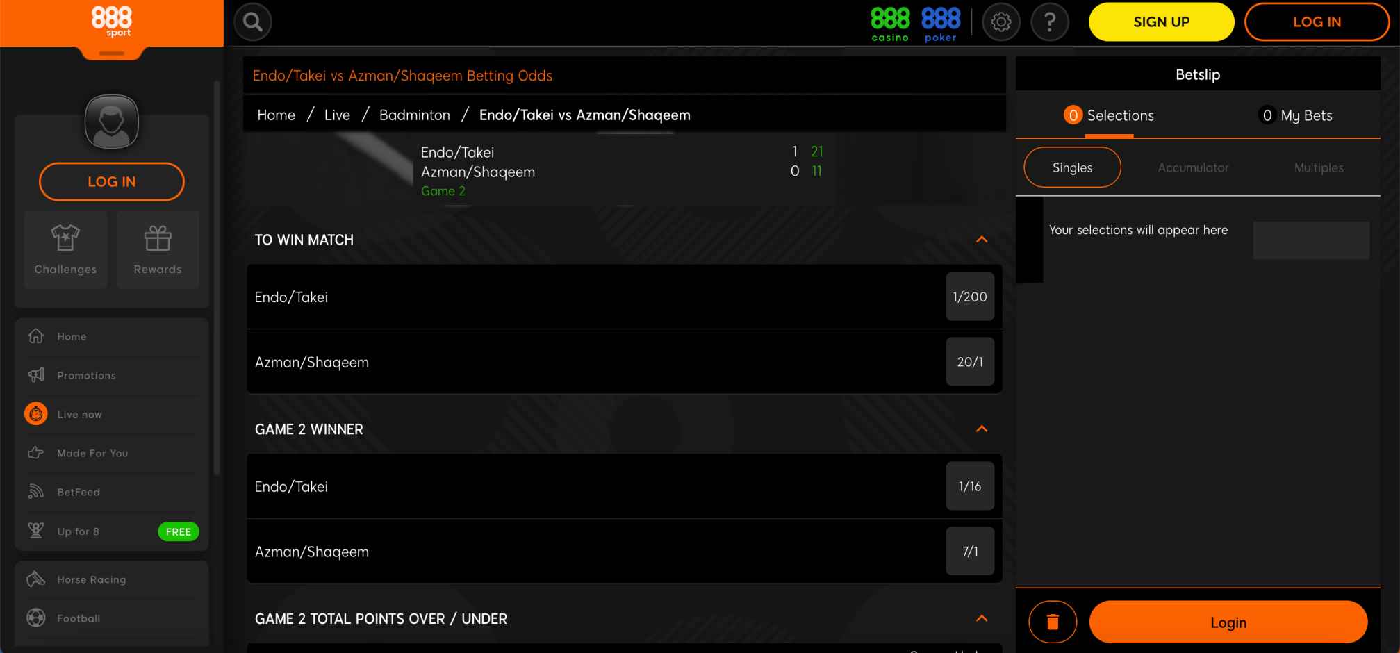 888sport badminton odds for Endo and Takei vs Azman and Shaqeem in Mauritius.