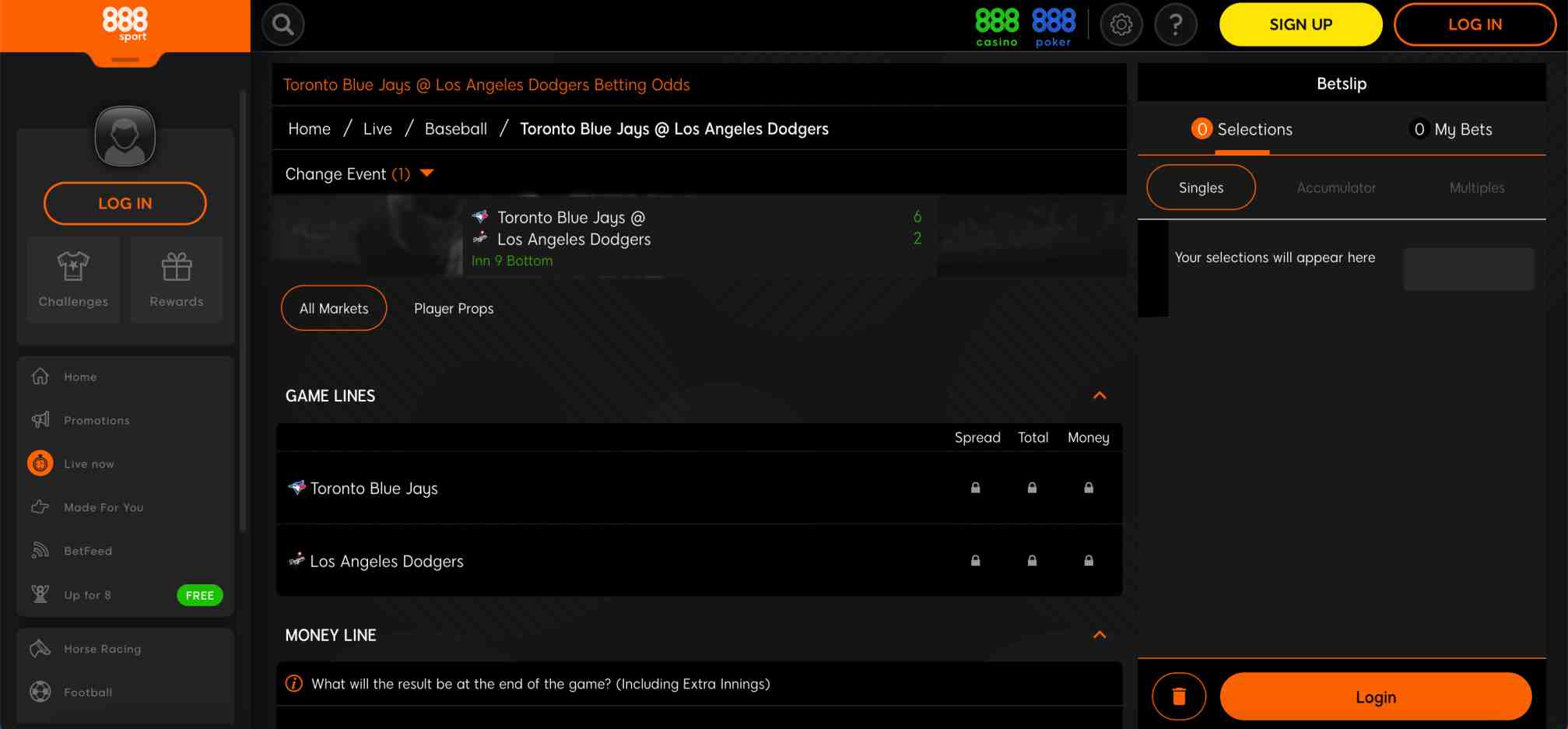 888sport baseball betting page displaying Toronto Blue Jays vs Los Angeles Dodgers with odds options.