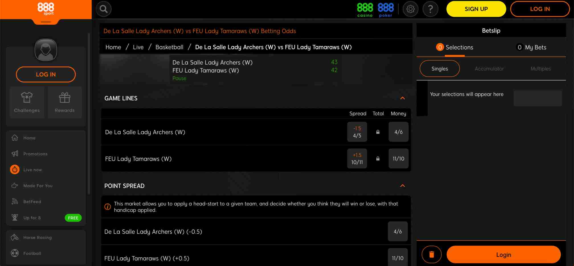 888sport South Africa betting odds for De La Salle Lady Archers vs FEU Lady Tamaraws women’s basketball game