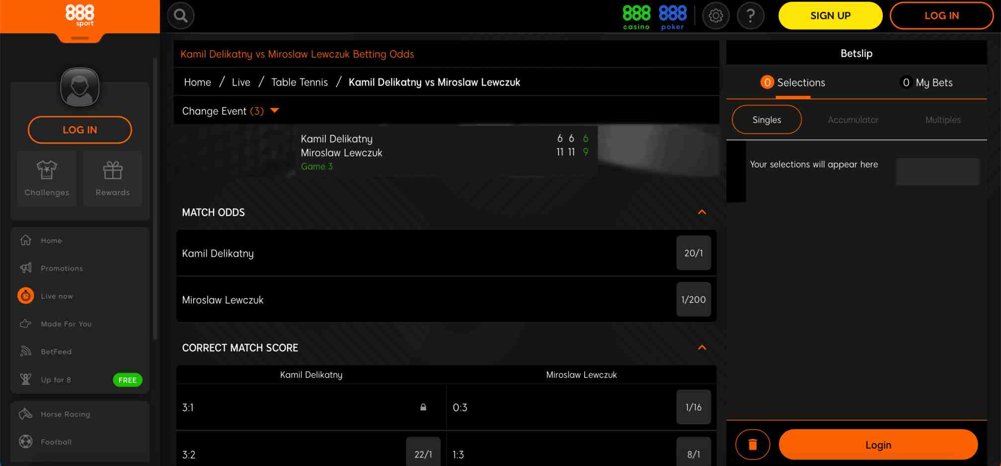 888sport betting odds for Kamil Delikatny vs Miroslaw Lewczuk table tennis match on live betting page.
