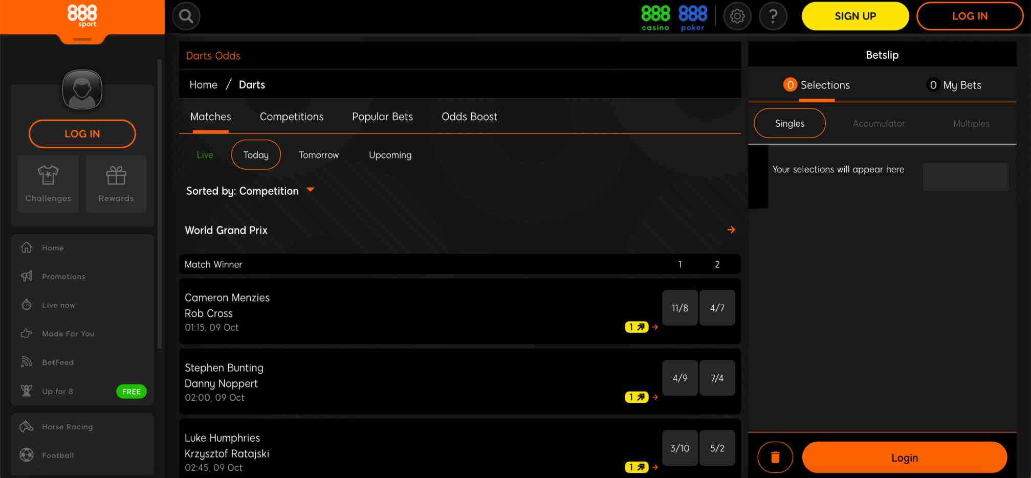 888sport darts betting interface with match odds and today’s events – example used in guide on how to withdraw from 888sport in Vietnam.