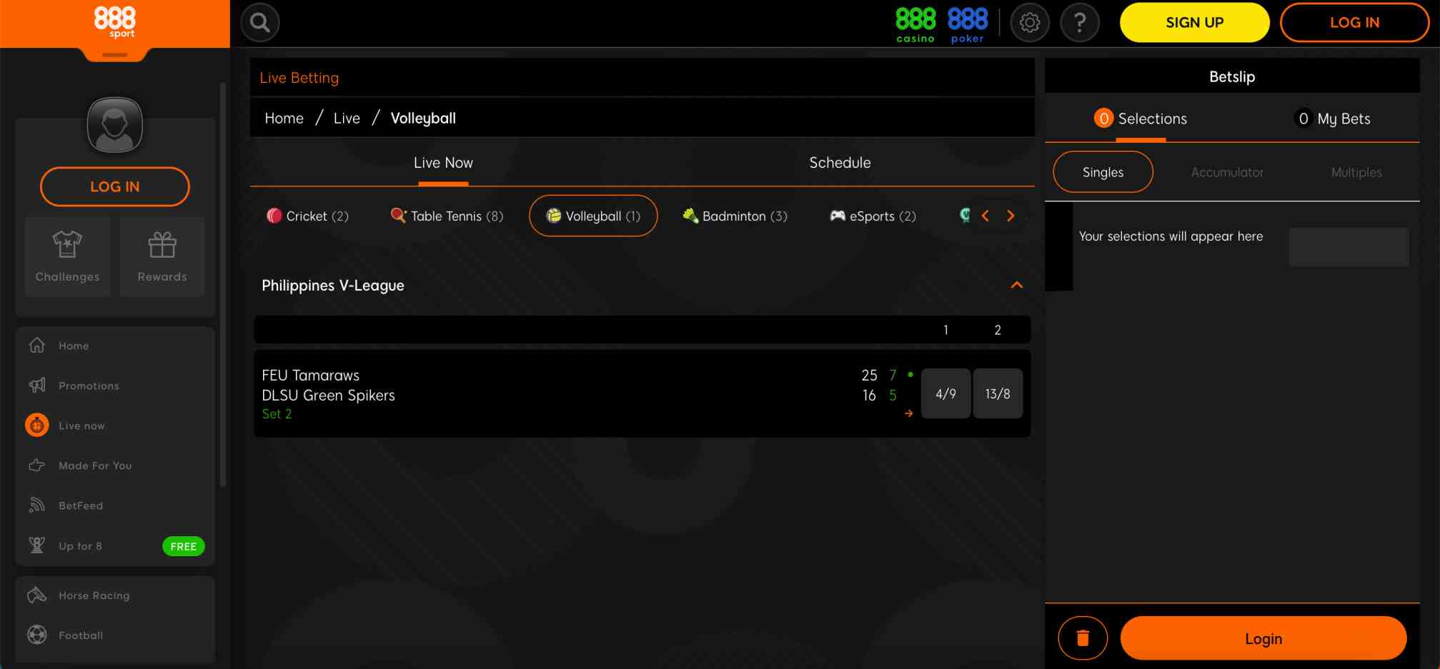 888sport betting interface displaying live volleyball match details and example layout related to 888sport deposit limit time frame features.