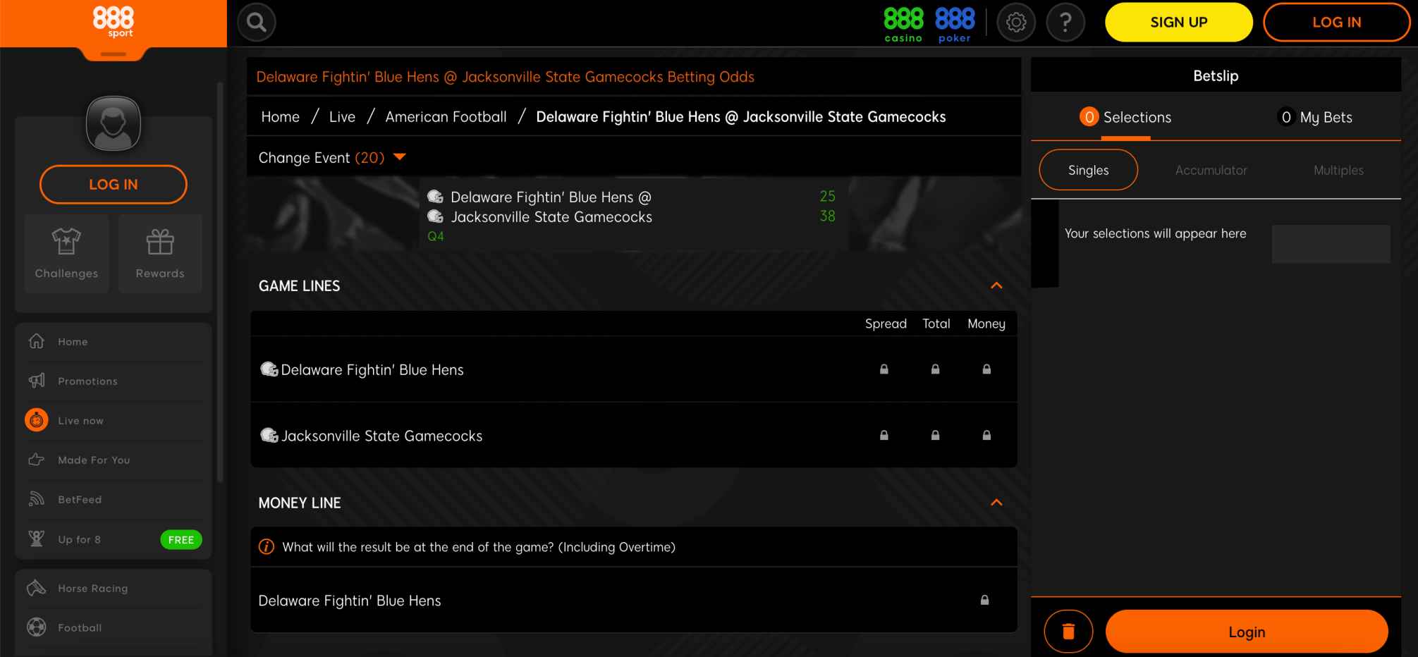 888sport game details page for Delaware Fightin’ Blue Hens at Jacksonville State Gamecocks with locked betting options — 888sport Apple Pay withdrawal declined article image.