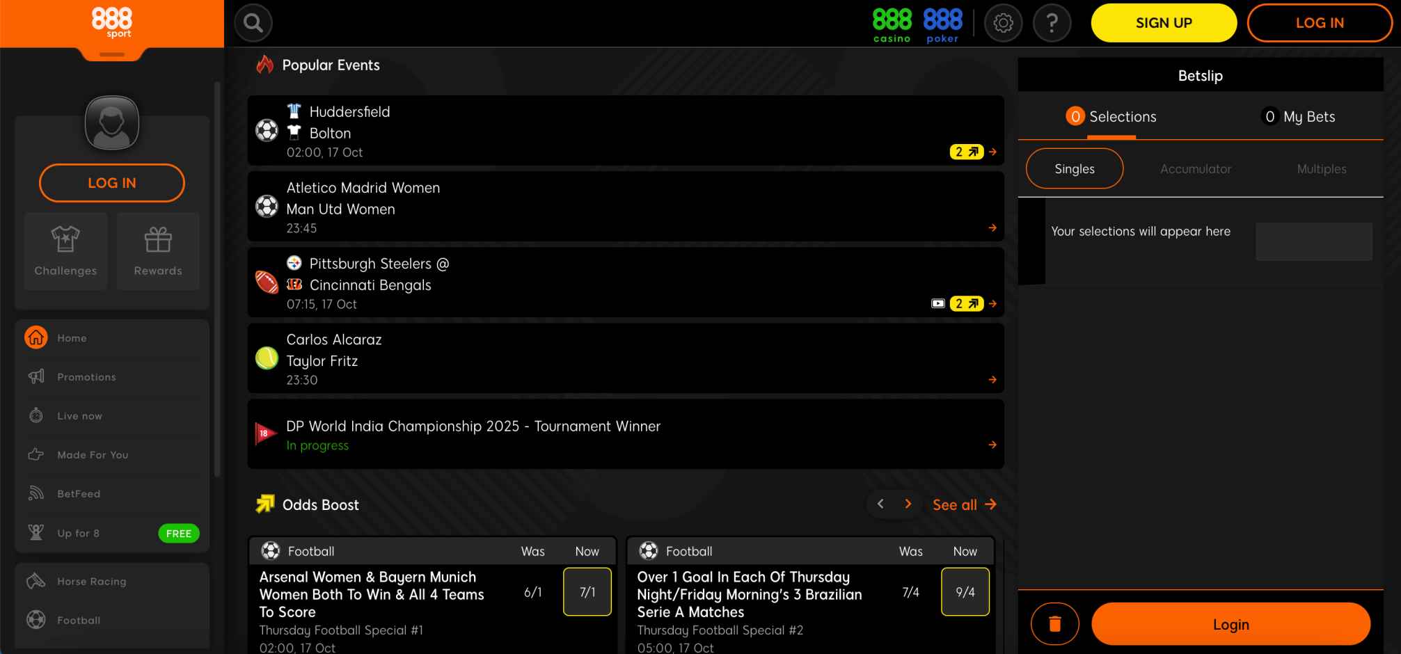 888sport homepage showing popular sports events and betting odds interface.