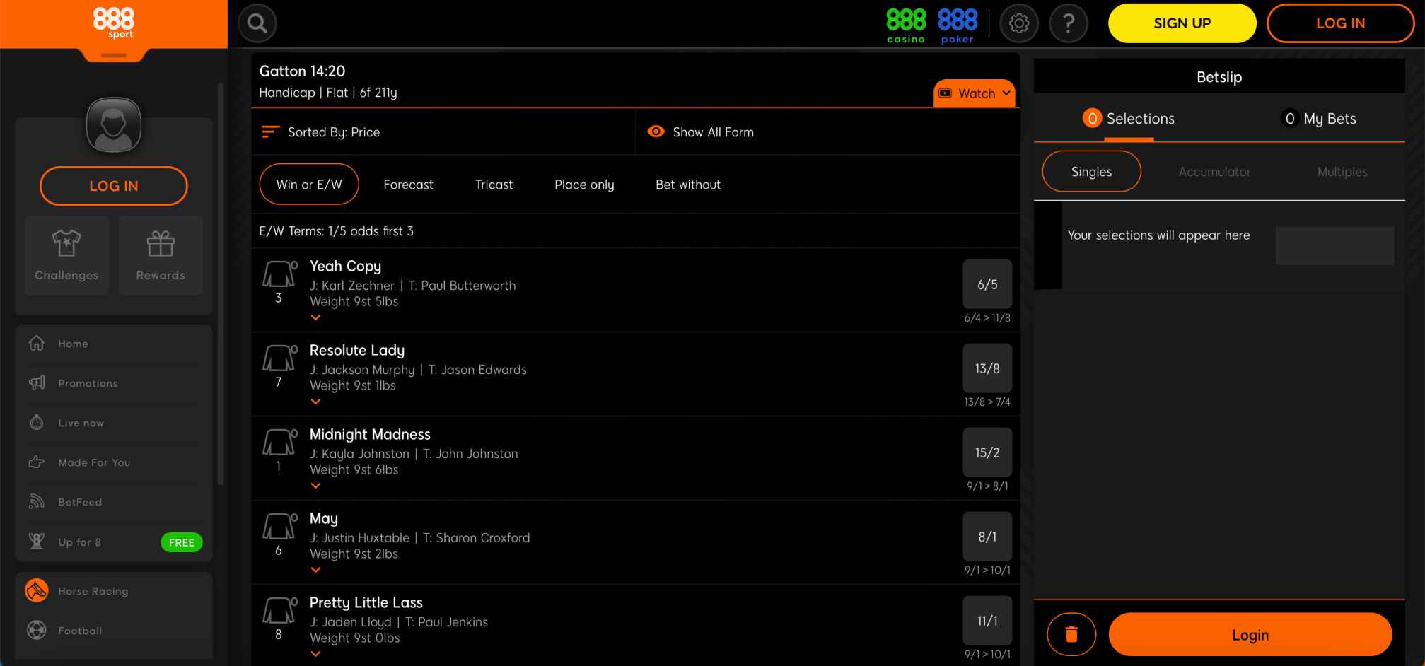 Horse racing odds and bet selection screen on 888sport website showing Gatton race options