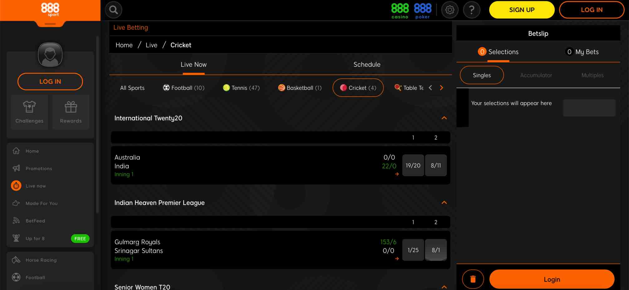 In-play cricket betting interface on 888sport displaying scorecard and live stats for Australia vs India in Malaysia.
