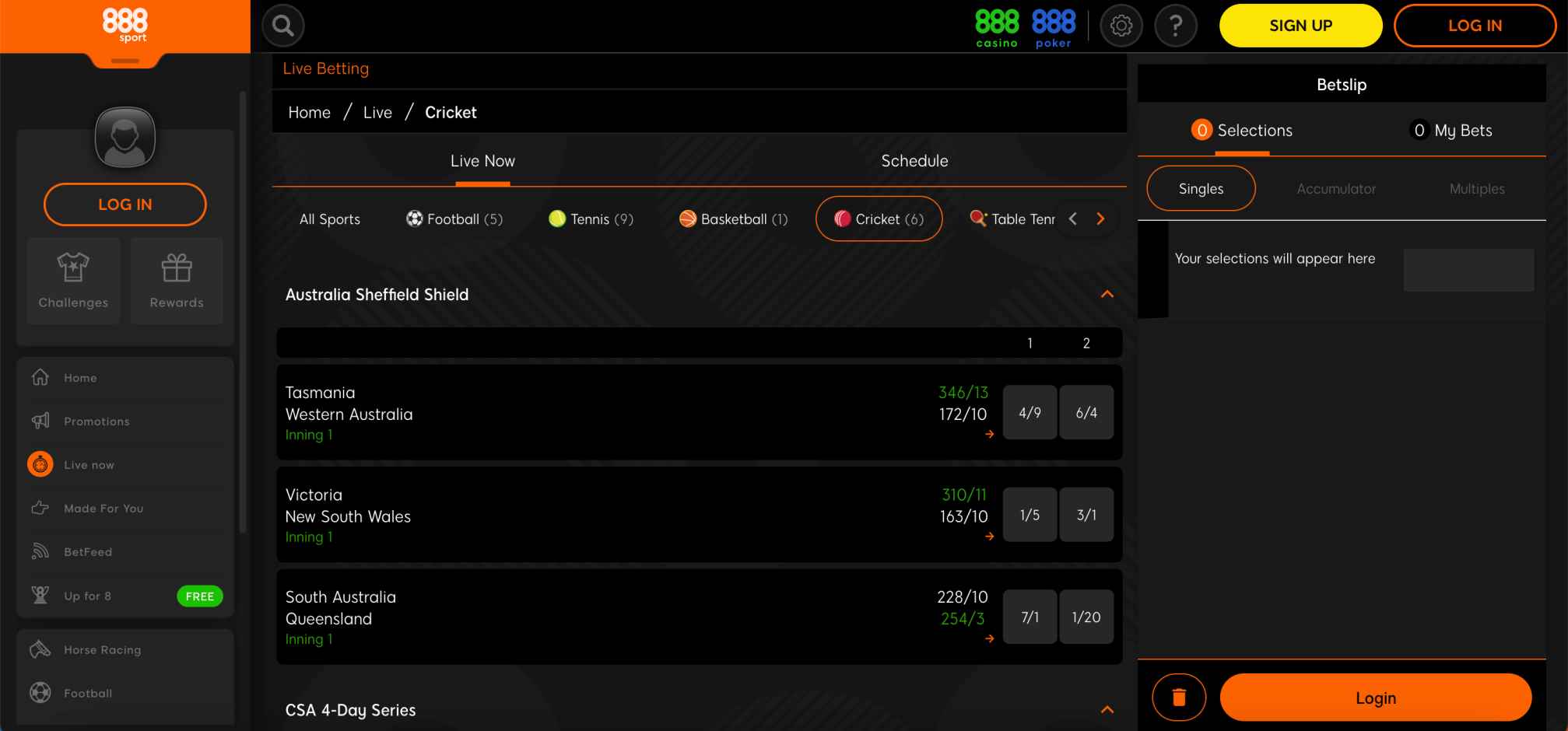888sport live betting page showing cricket matches and odds, used for article about does 888sport accept Visa gift cards