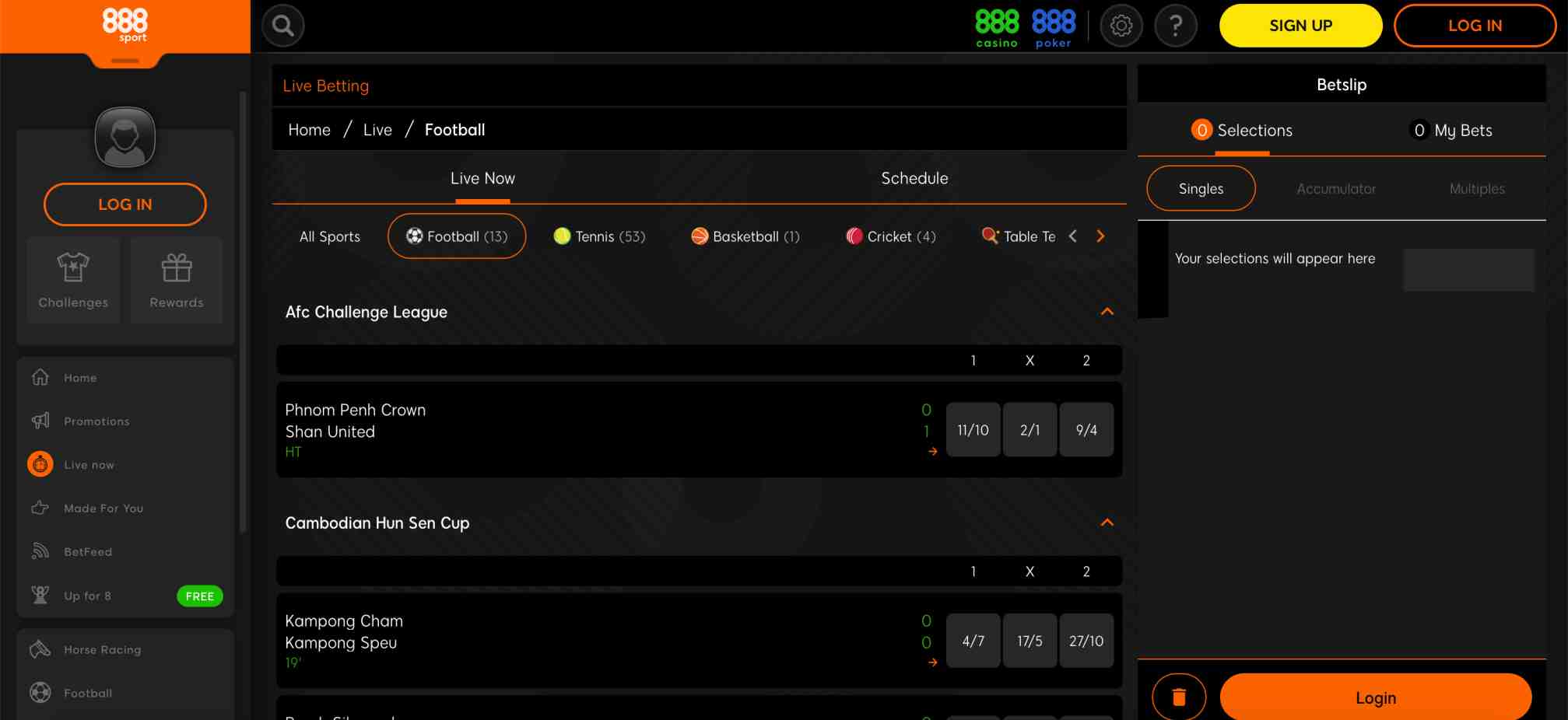 888sport live betting dashboard showing football and other sports options for users researching if 888sport is legal in Canada for international students.