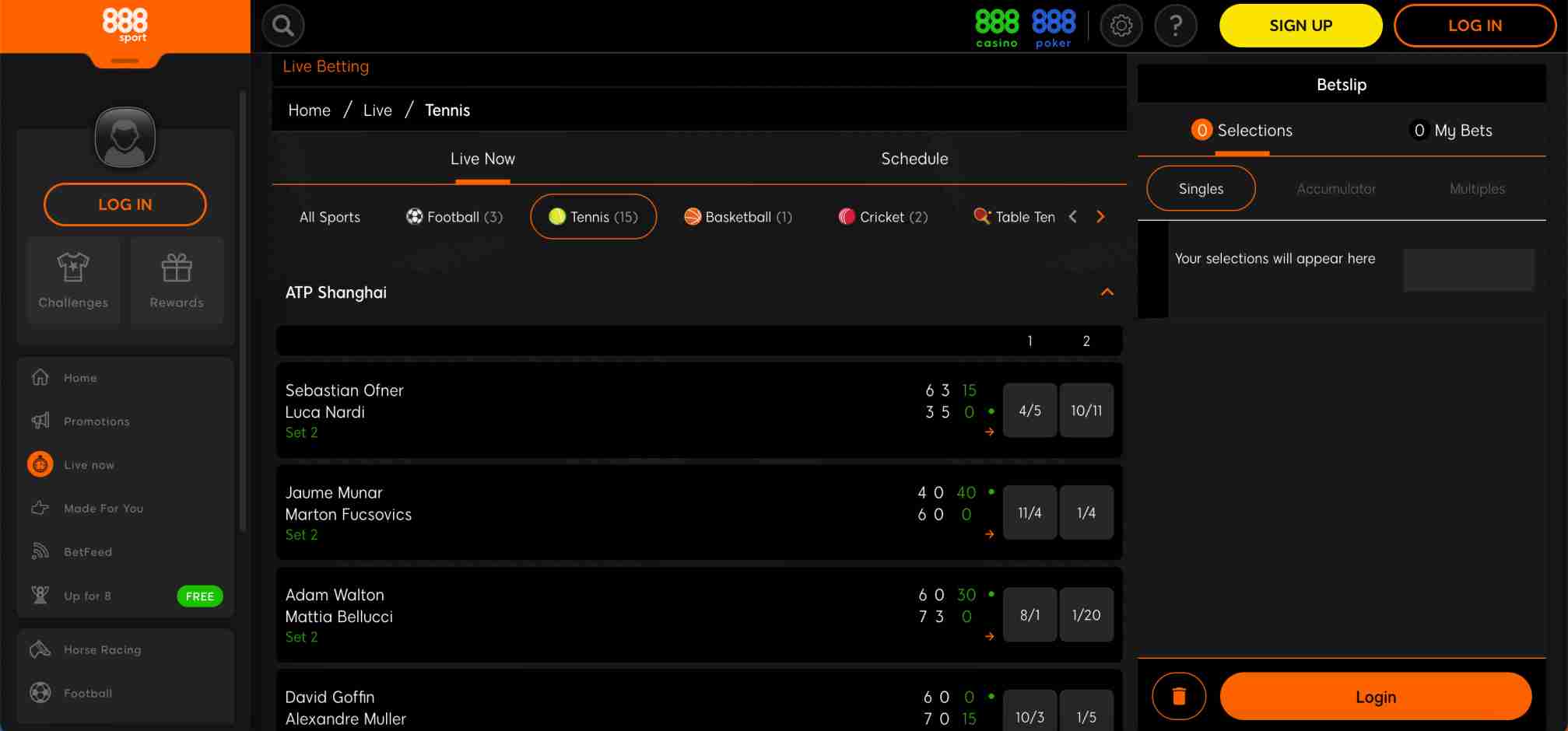 888sport live betting interface for ATP Shanghai tennis matches, displaying scores and betting odds for multiple players.