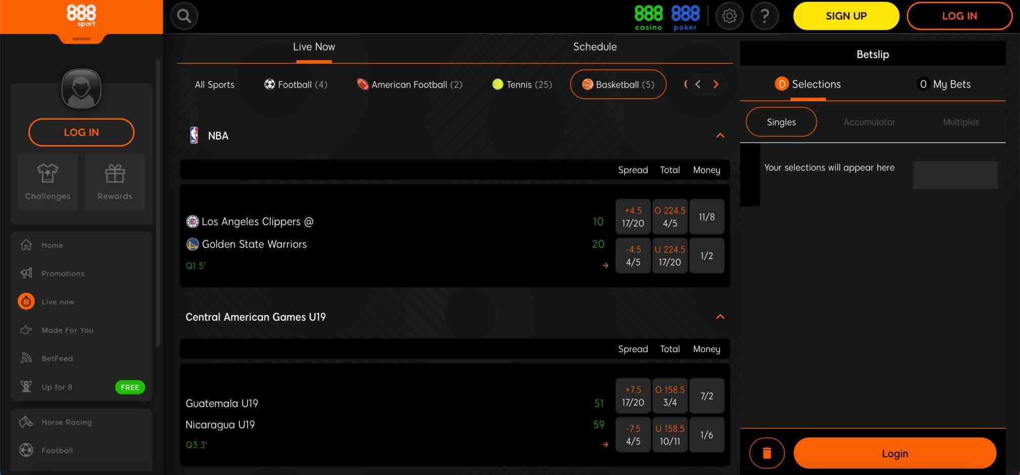 888sport live betting interface displaying NBA and Central American Games odds, illustrating how users can view live events while managing Venmo withdrawals.