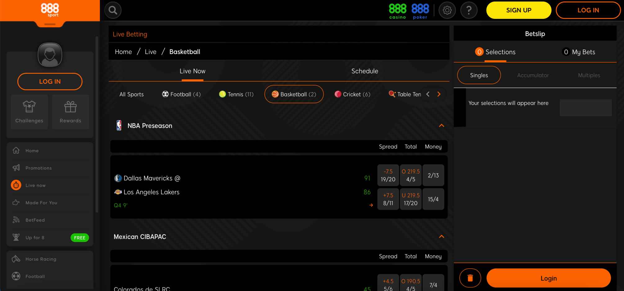 888sport live betting section showing basketball odds – does 888sport work in Texas?