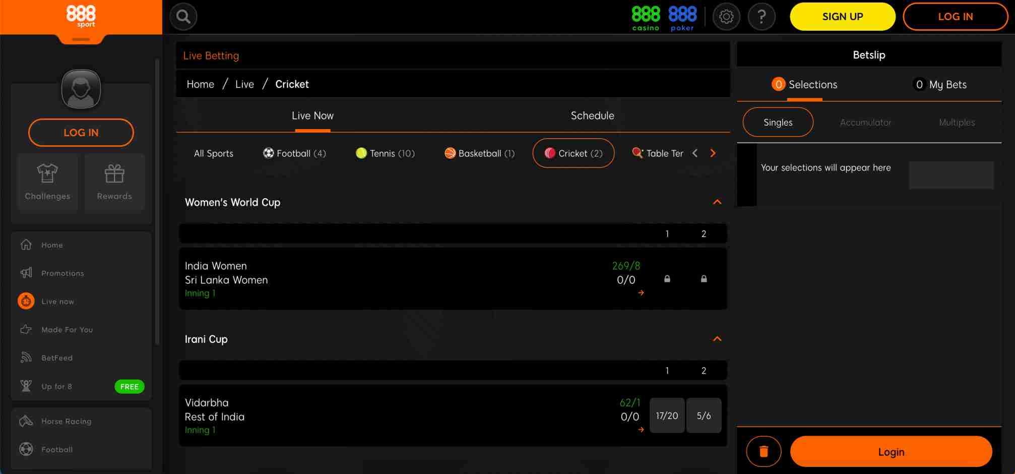 888sport live betting page displaying cricket matches including Women’s World Cup and Irani Cup with live scores