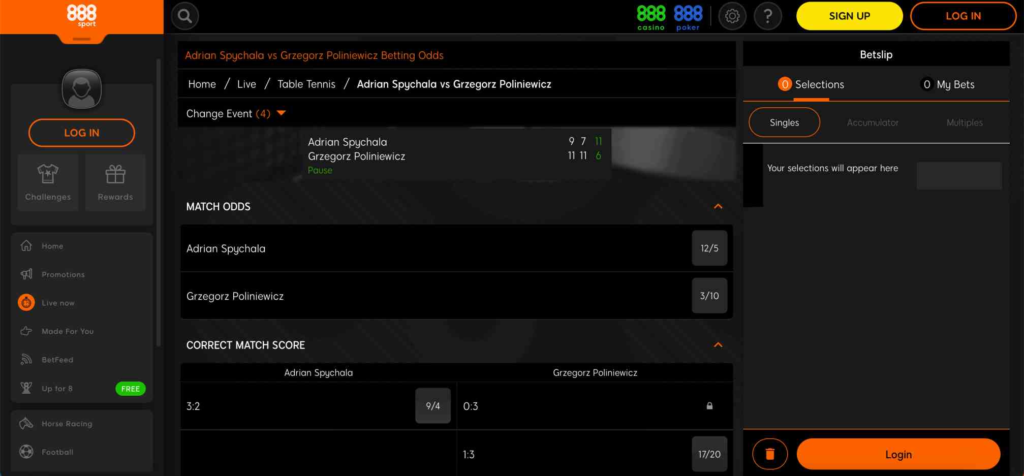 888sport live betting interface displaying table tennis match odds and bet options for Adrian Spychala vs Grzegorz Poliniewicz.