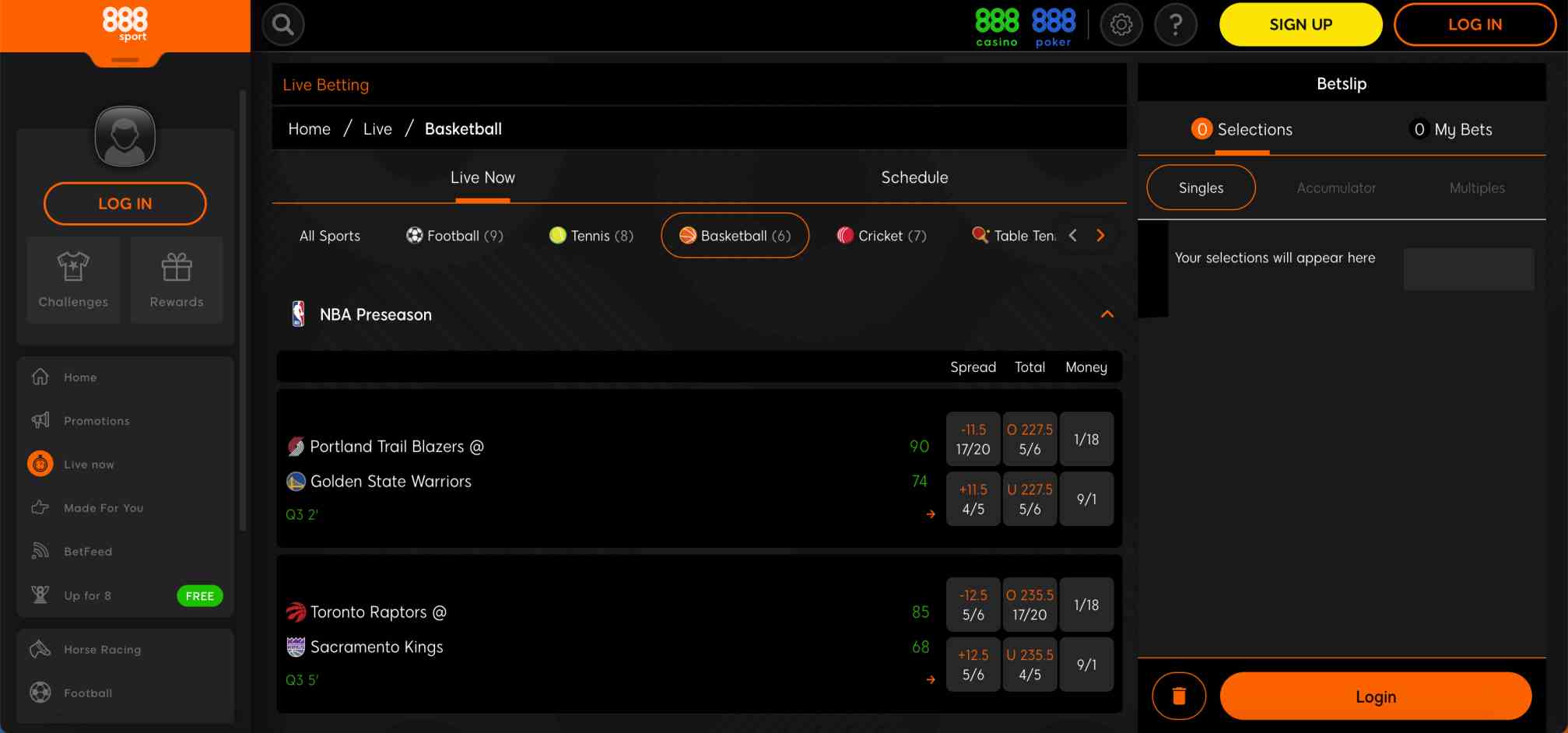 888sport betting interface showing NBA preseason odds and point spread details, related to when do 888sport bonus bets expire.
