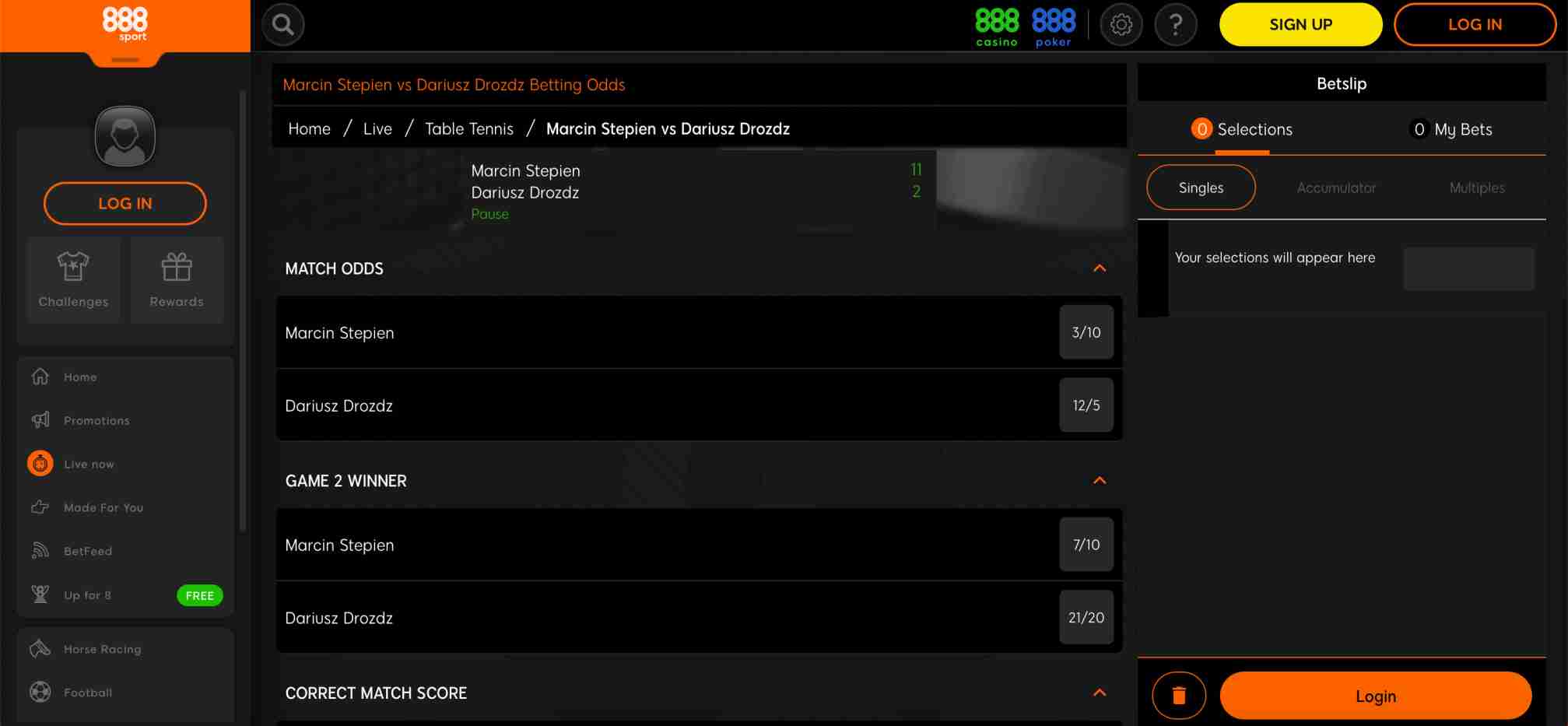 888sport live betting screen with table tennis match odds for Marcin Stepien vs Dariusz Drozdz.