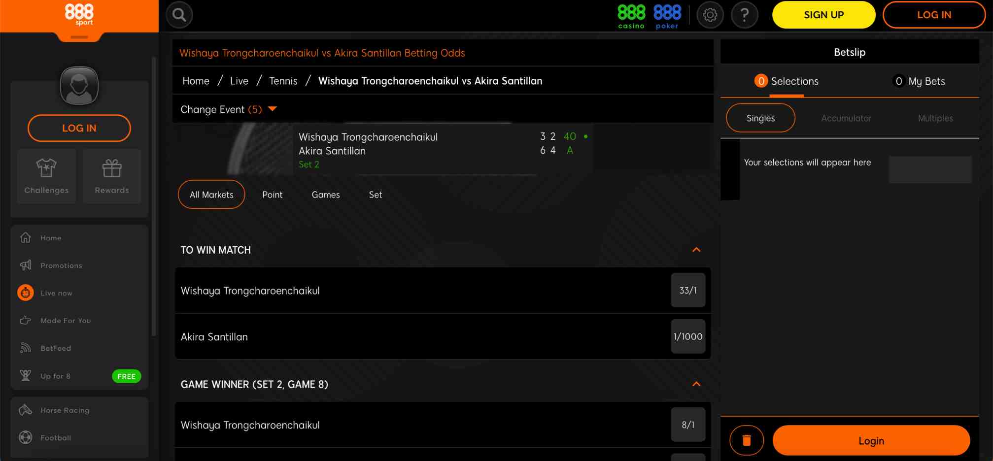 Match odds page on 888sport for Wishaya Trongcharoenchaikul vs Akira Santillan, displaying live betting markets.