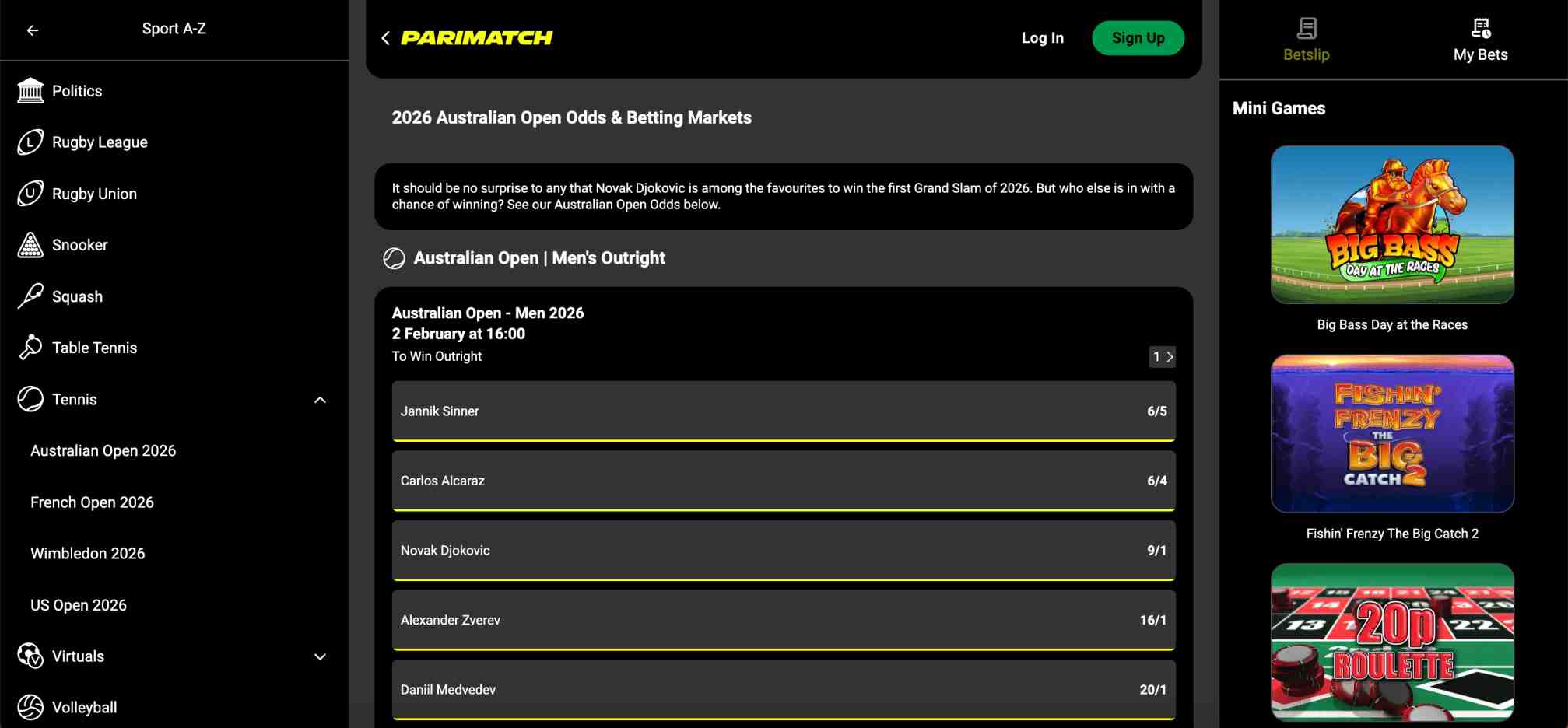 Australian Open 2026 men’s outright odds on Parimatch featuring Jannik Sinner, Carlos Alcaraz, and Novak Djokovic