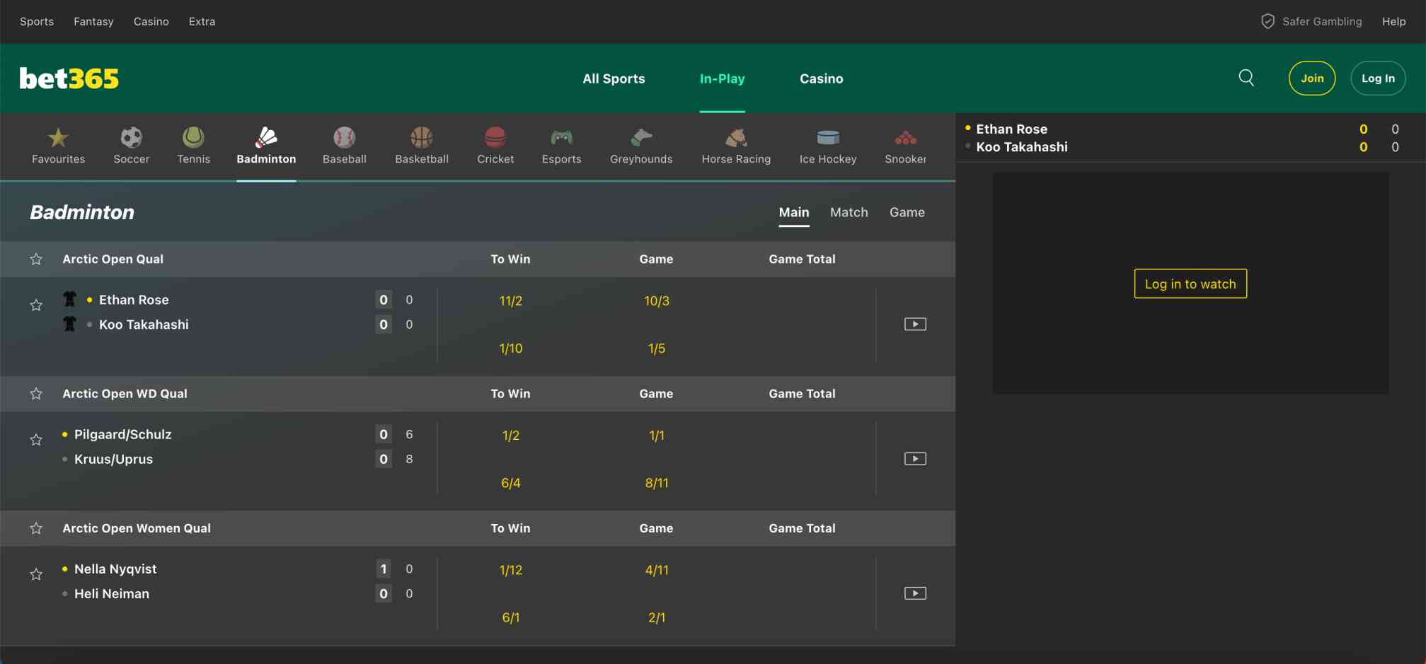 Bet365 badminton live odds screen for Arctic Open Qual match between Ethan Rose and Koo Takahashi.