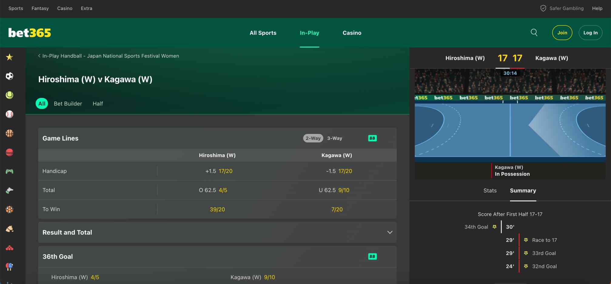 Bet365 live handball match between Hiroshima and Kagawa women with betting lines and totals displayed, showing how Bet365 works and answering can you cash out a free bet.