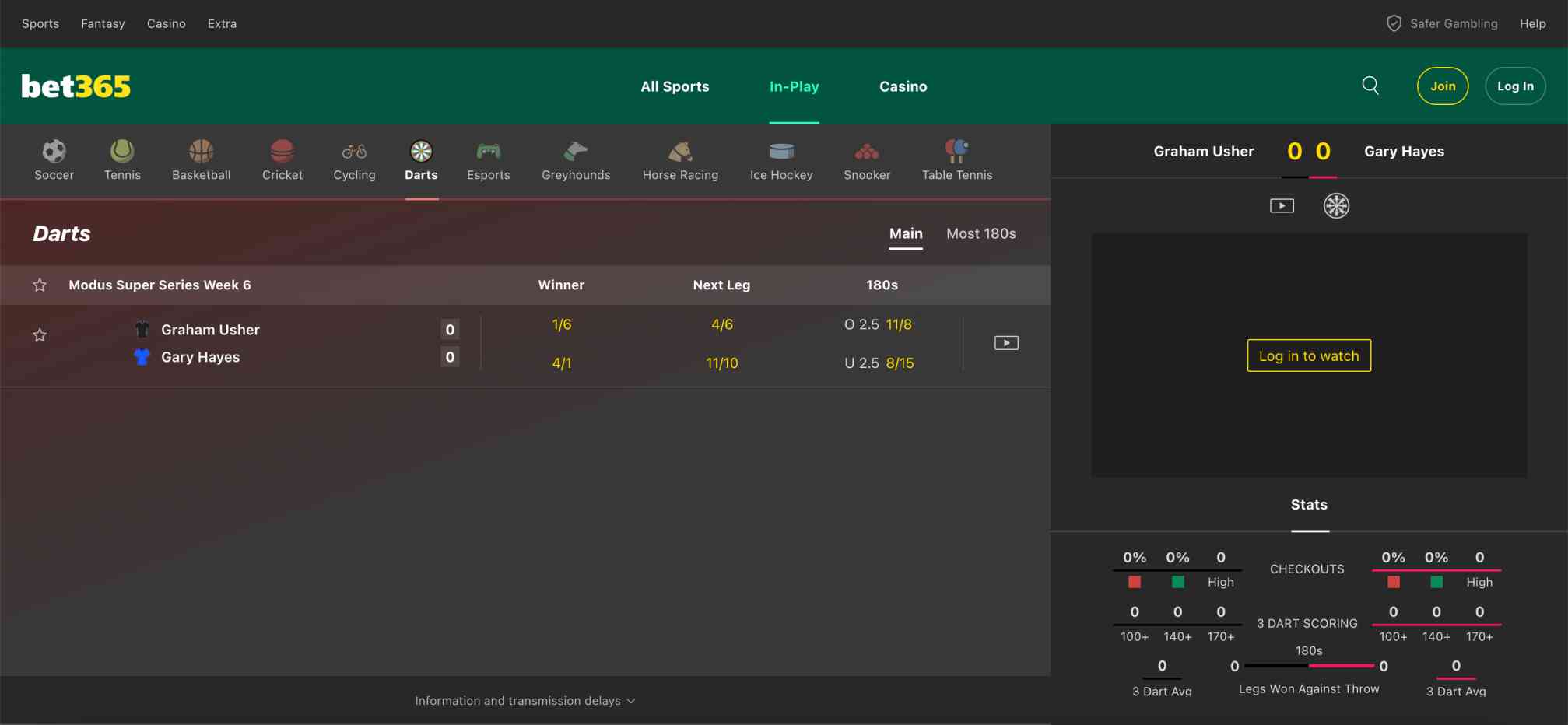 Bet365 darts betting screen showing Modus Super Series match between Graham Usher and Gary Hayes