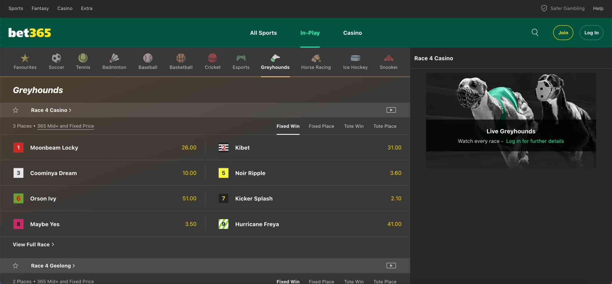 Bet365 greyhound racing page displaying fixed win odds and live race options for Malaysian EcoPayz deposit users