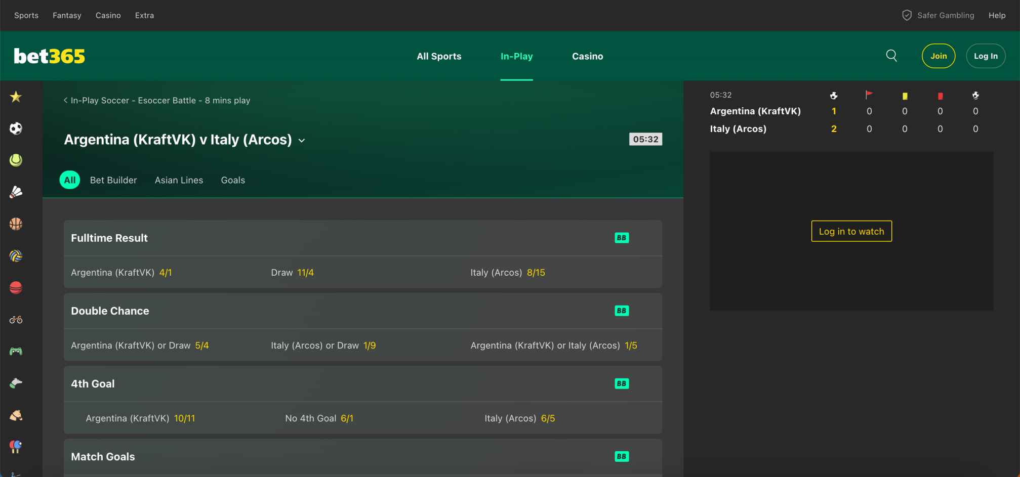 Example of Bet365 eSoccer live match odds, relevant to understanding what is the maximum withdrawal from Bet365.