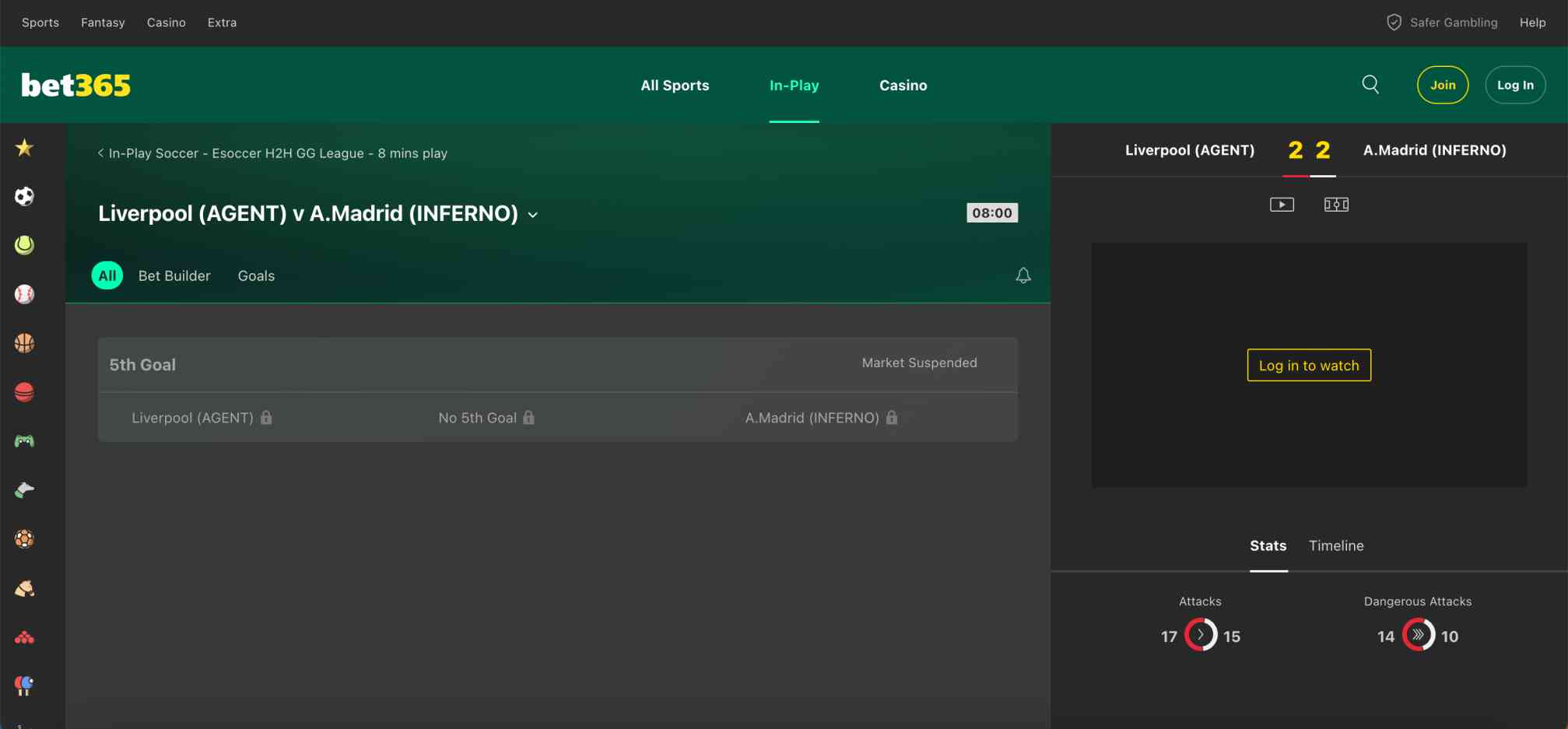 Bet365 eSoccer live match between Liverpool and A. Madrid showing 2–2 score and suspended market, illustrating live betting context for does Bet365 refund red card bets queries.
