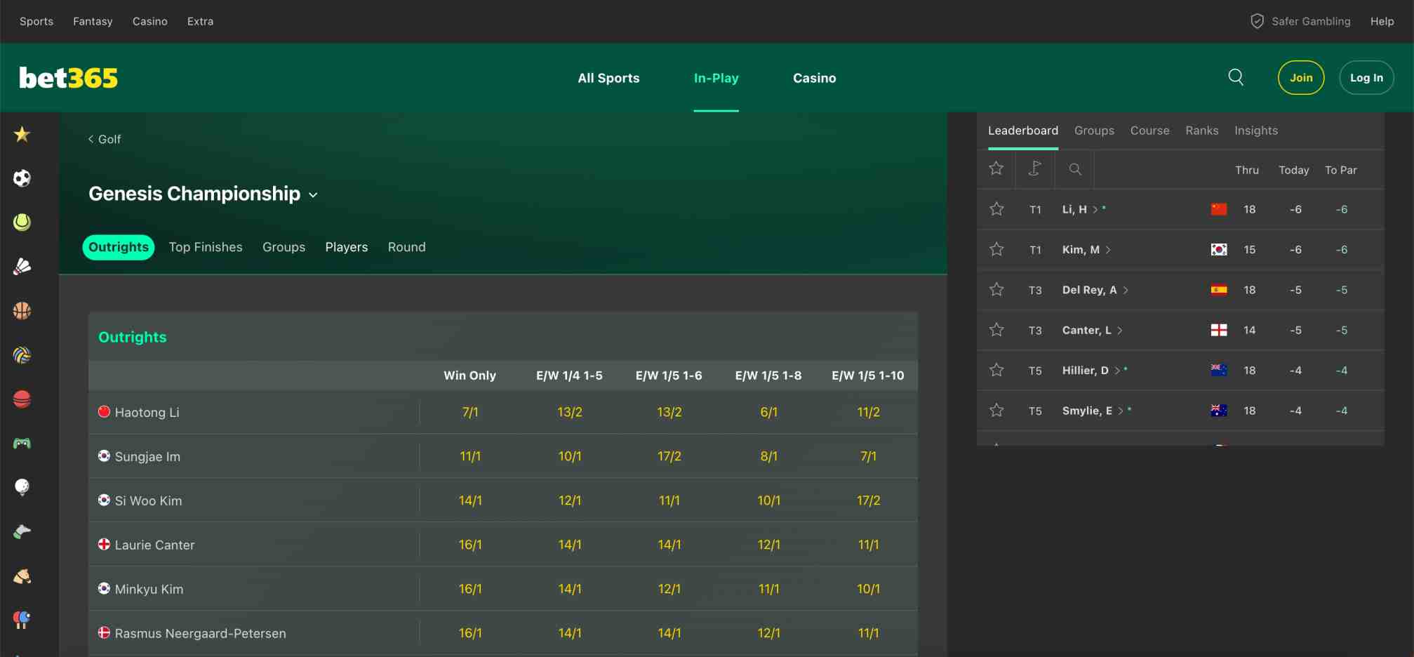 Live Bet365 golf betting screen for Genesis Championship displaying outrights and leaderboard — example used in article about why did Bet365 ban me.