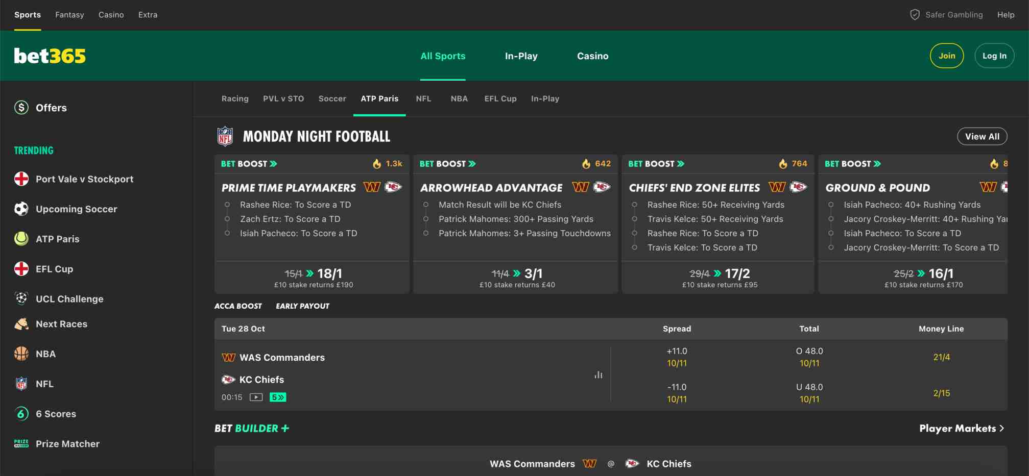 Bet365 homepage displaying Monday Night Football betting odds and promotions for NFL games — used in guide about how long does it take for Bet365 to verify your account.