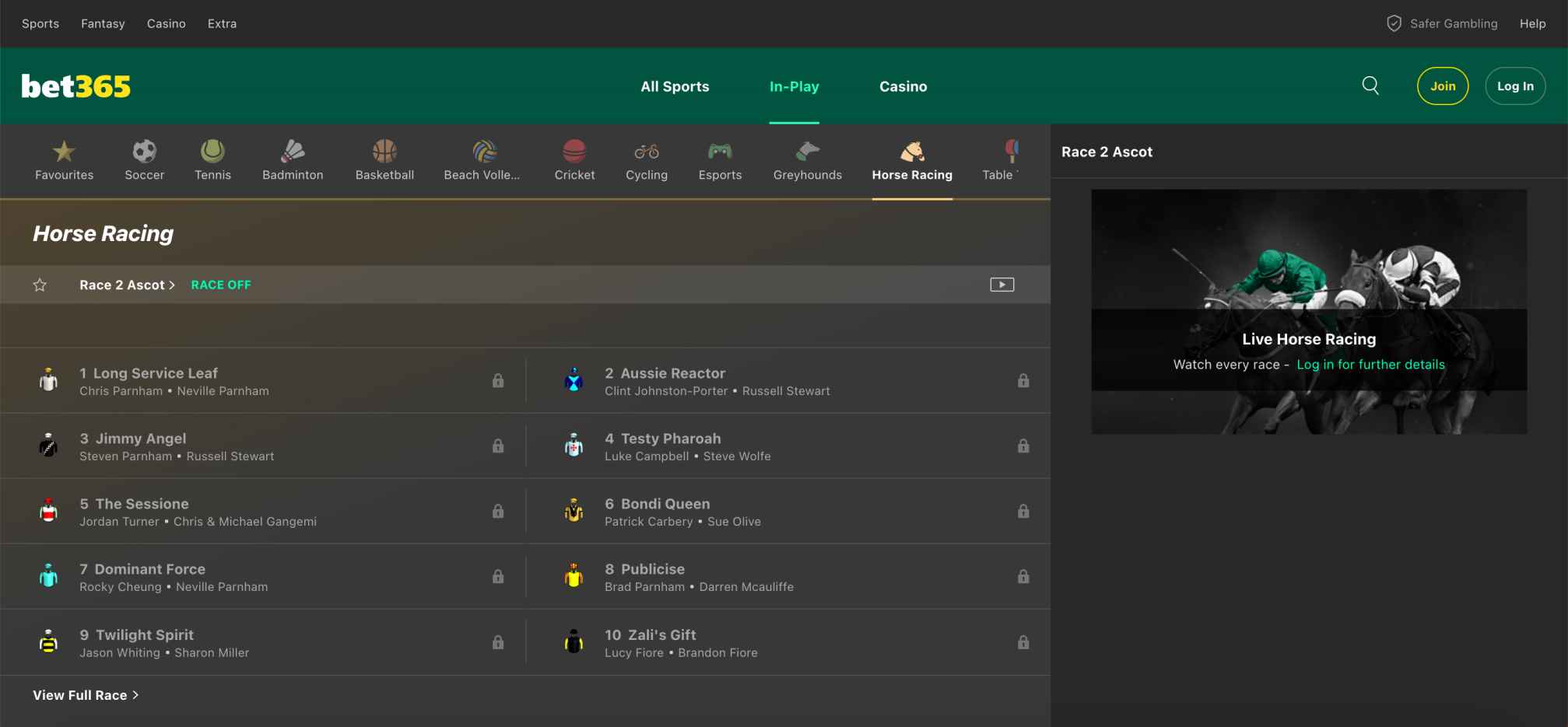 Bet365 horse racing page showing live race listings and betting options for Race 2 at Ascot.