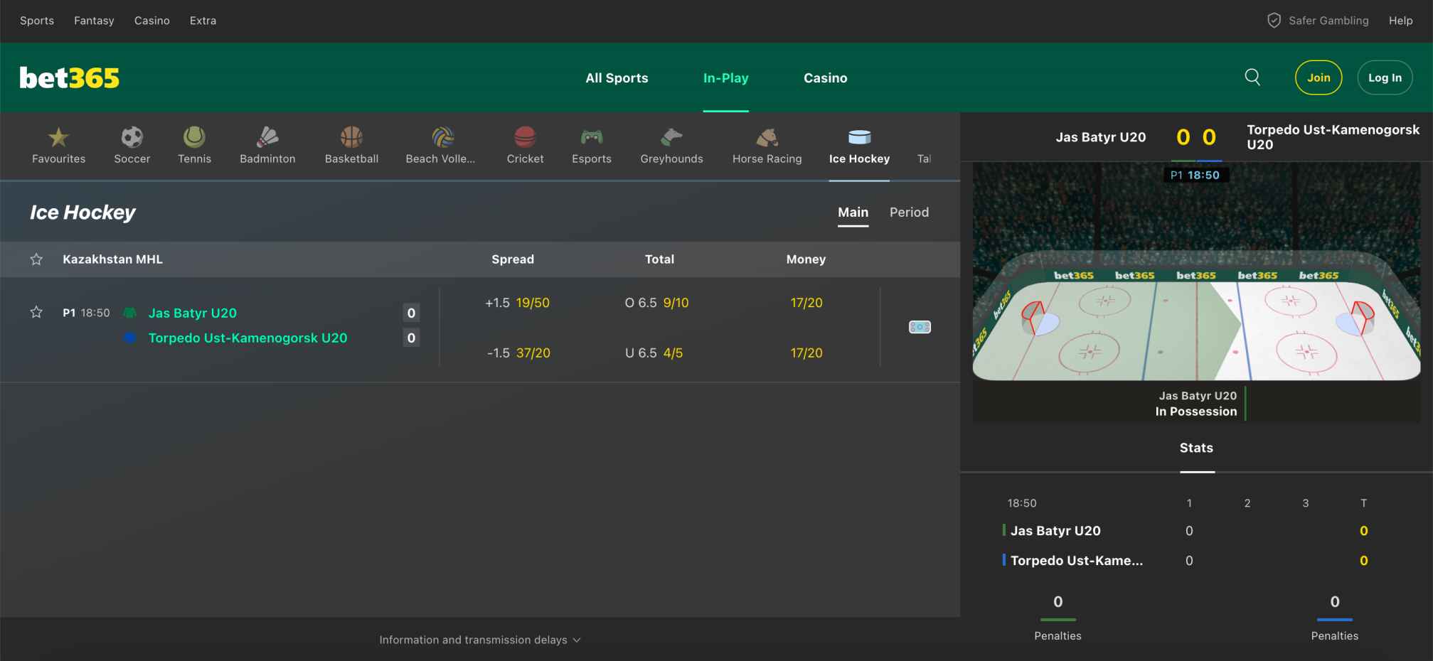 Bet365 in-play ice hockey betting screen for Jas Batyr U20 vs Torpedo Ust-Kamenogorsk U20 with live odds and stats, illustrating how users can bet on Bet365 using Mpesa.