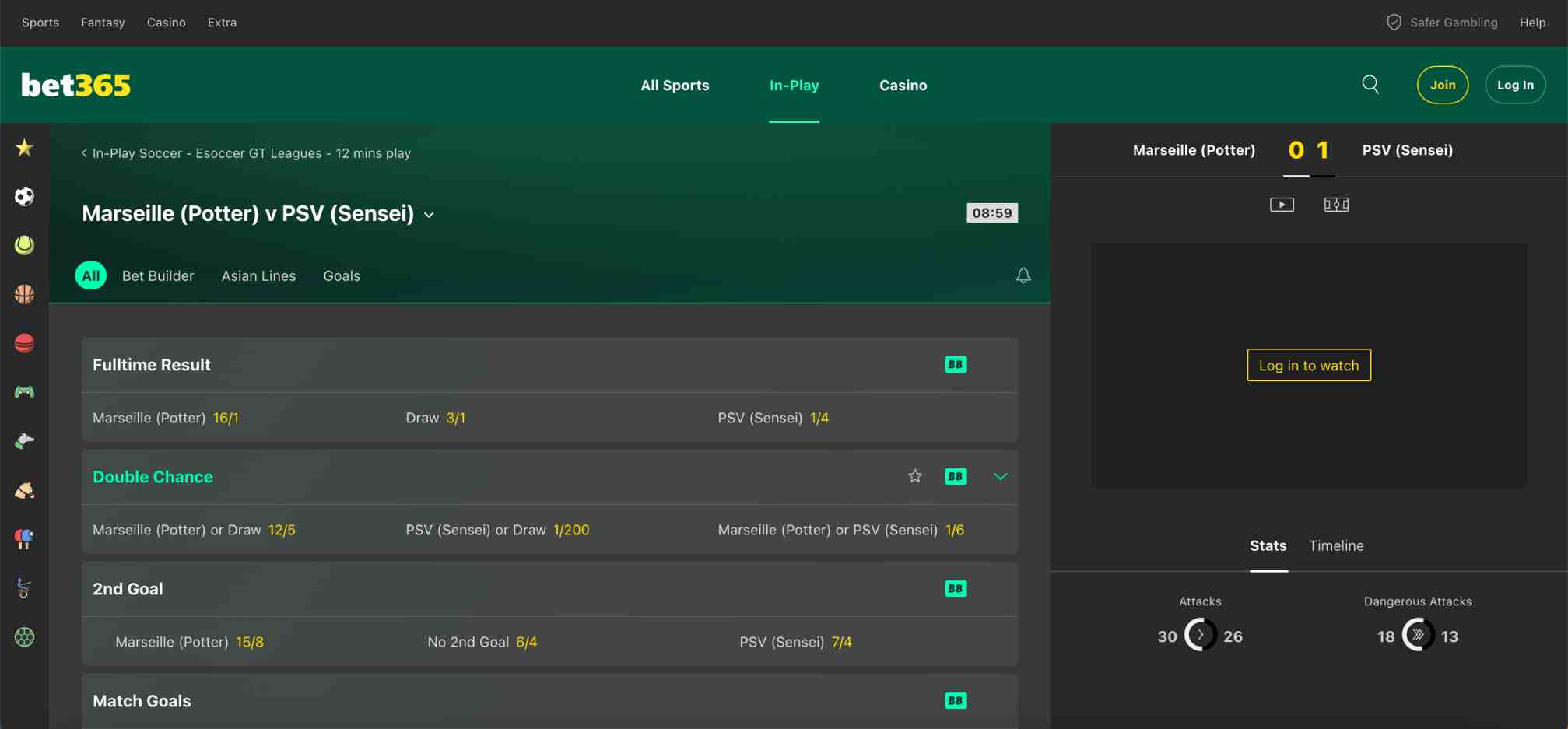 Bet365 in-play betting screen for Marseille vs PSV match, displaying live odds and stats, example of live betting experience with Bet365 GCash deposit Philippines.