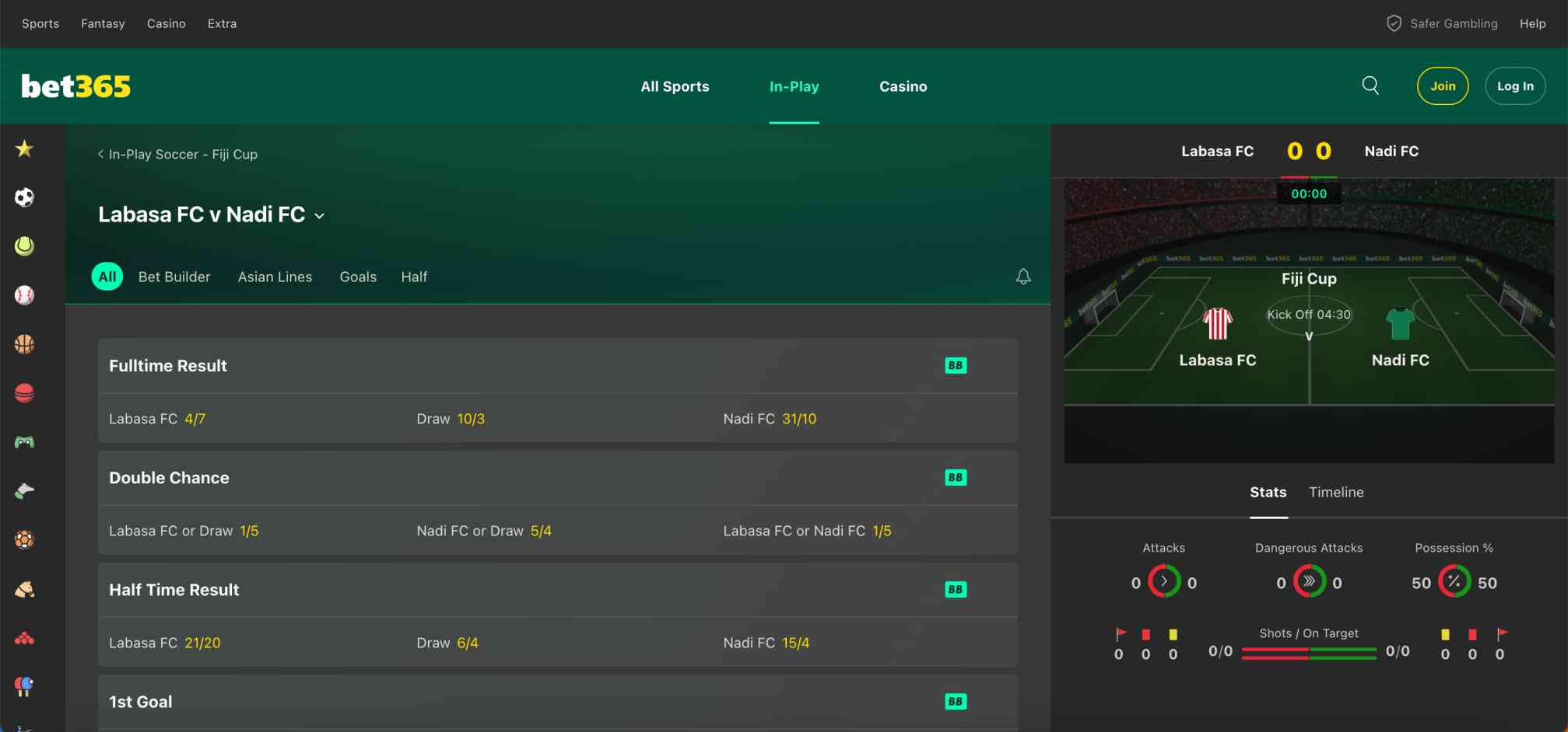 Bet365 in-play soccer match view for Labasa FC vs Nadi FC in the Fiji Cup, showing live betting odds and stats.